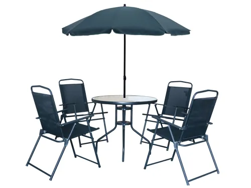 Set da Giardino in Acciaio e Textilene con Tavolo Pino Vetro + 4 Sedie + Ombrellone FUNNY BLACK