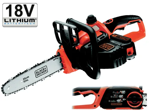 Elettrosega a Batteria 18V Li-ion BLACK+DECKER Barra 25cm Passo 3/8″ Lubrificazione Automatica GKC 1825