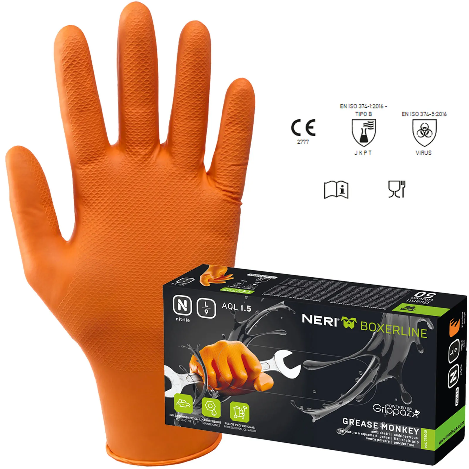 Guanti Antiscivolo Monouso in Nitrile NERI Squama di Pesce AQL 1.5 DPI Cat. III Alimentare Meccanica GARAGE MONKEY