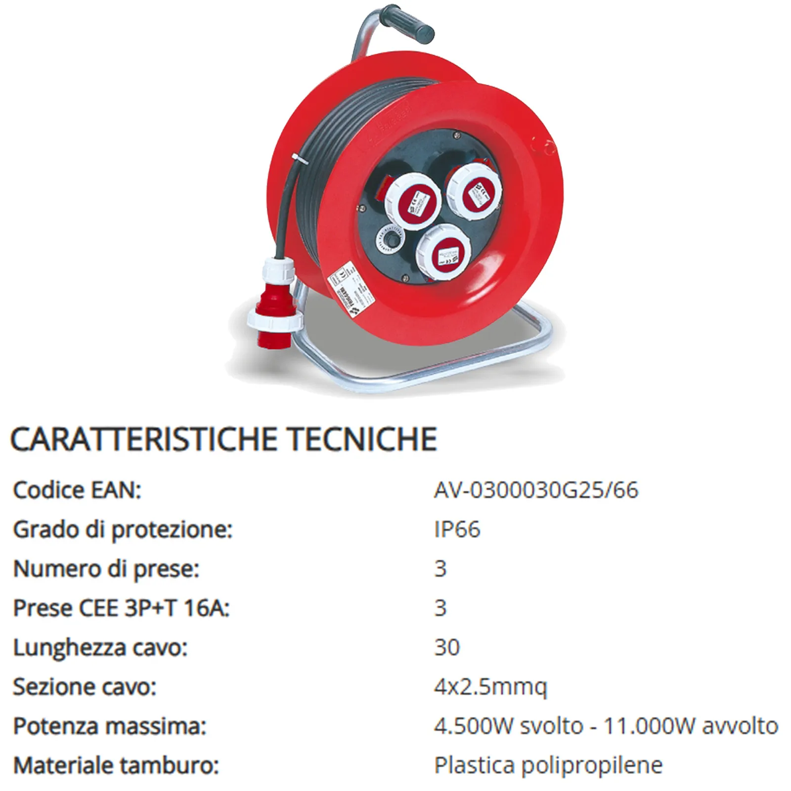 Avvolgicavo Industriale con Cavo 30 Metri FRIGGERI Trifase 3 Prese CEE 3P+T 16A su Tamburo IP66 Potenza Massima 4.500W articolo AV-0300030G25/66 - immagine 3