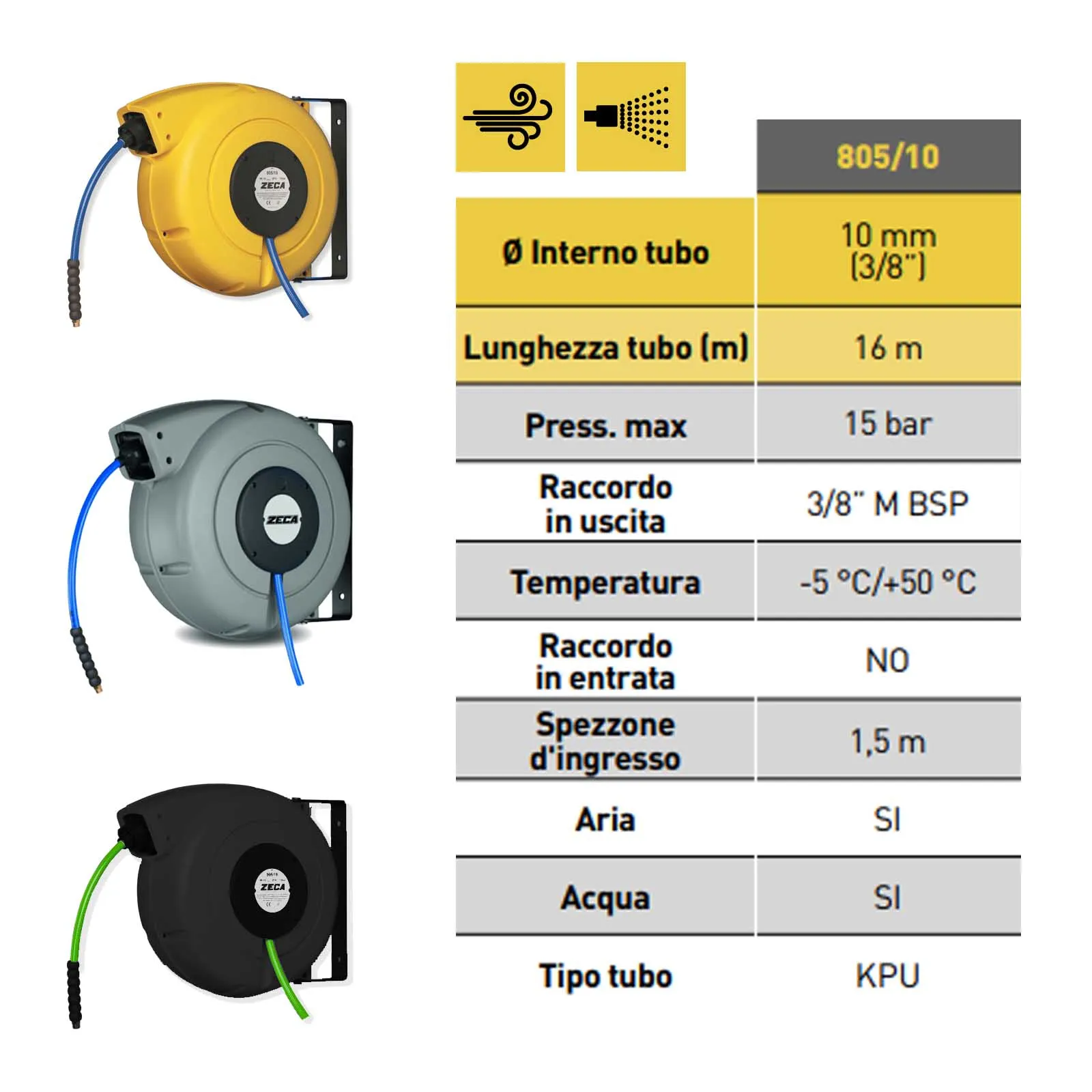 Avvolgitubo a Muro per Aria e Acqua ZECA con Tubo da 10 Metri Avvolgitore Automatico Professionale serie 805 - immagine 5