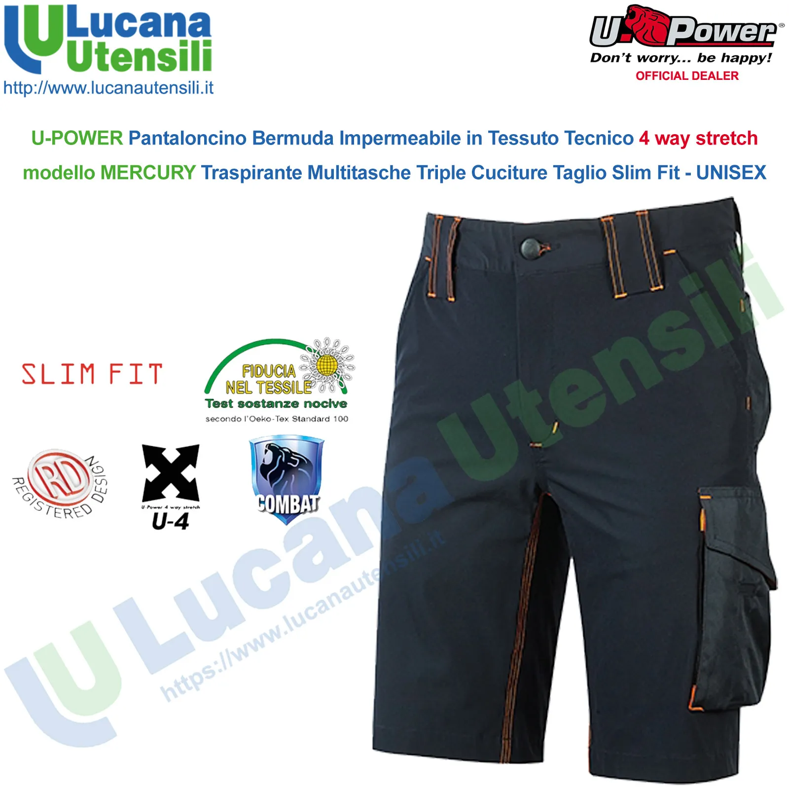 Bermuda Shorts Cargo Multitasche da Lavoro U-POWER Pantalone Corto da Uomo Donna Pantaloncino MERCURY - immagine 3