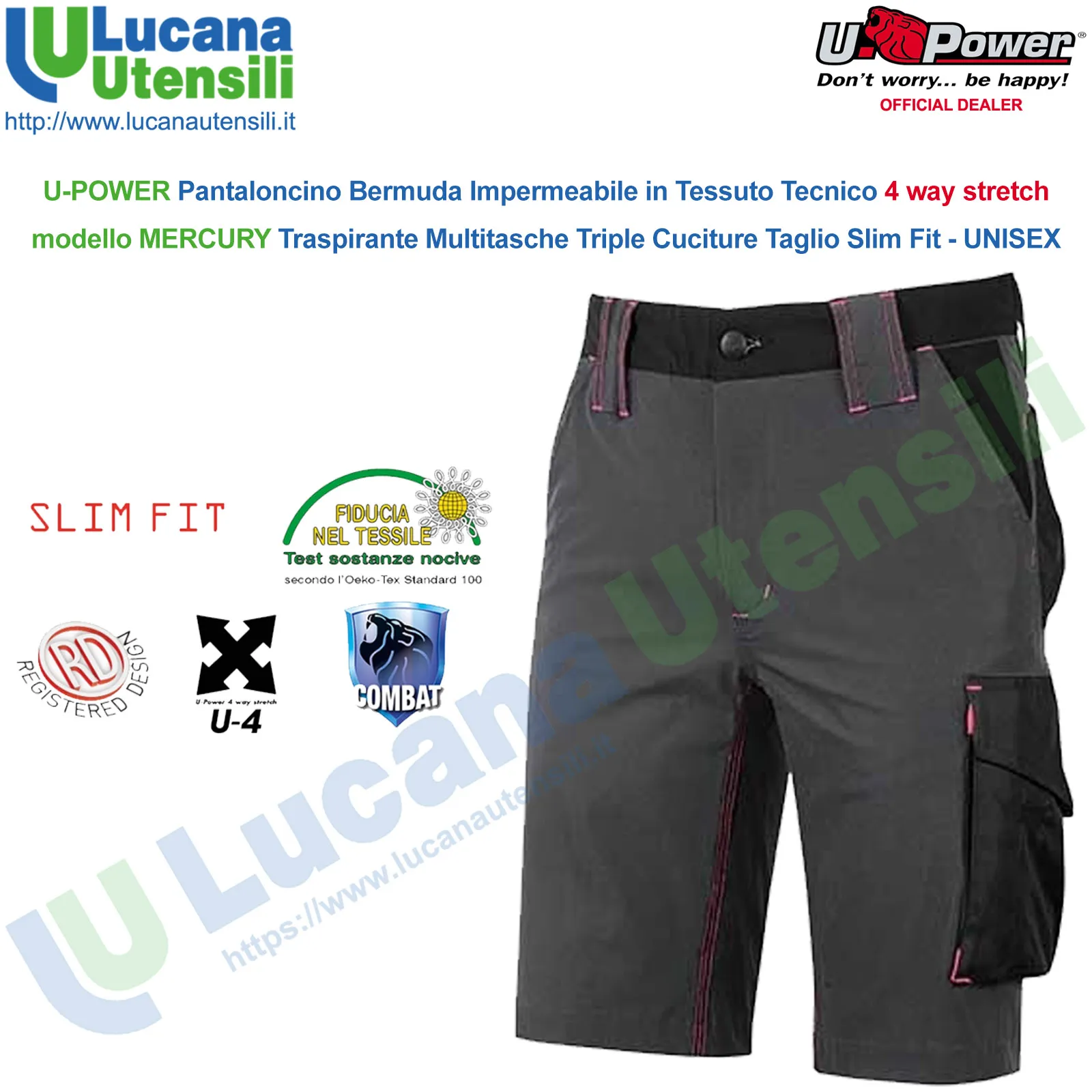 Bermuda Shorts Cargo Multitasche da Lavoro U-POWER Pantalone Corto da Uomo Donna Pantaloncino MERCURY - immagine 4