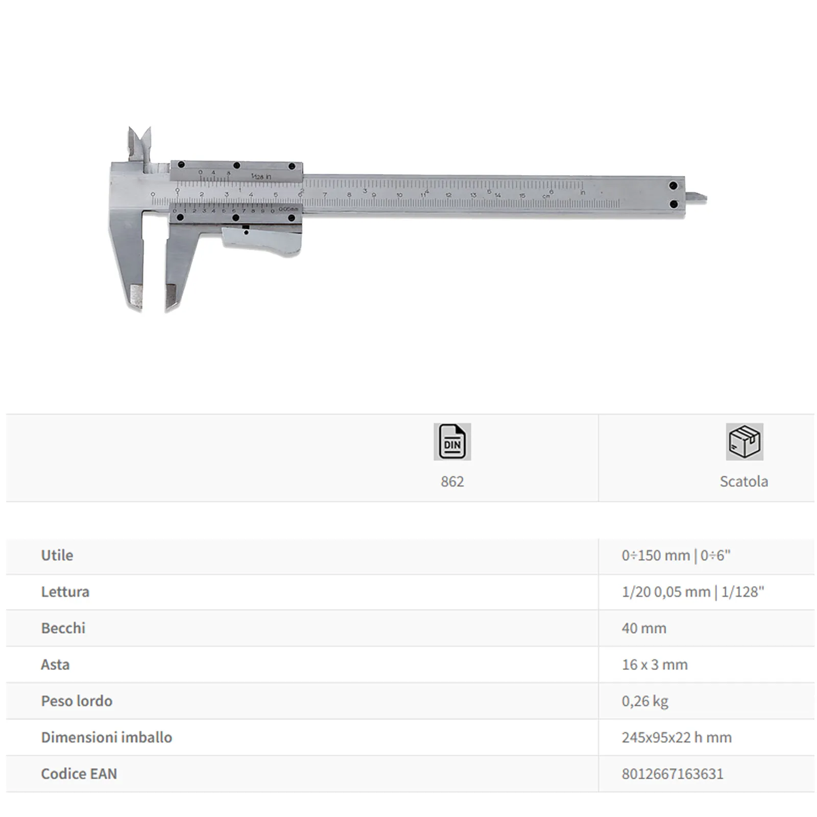 Calibro a Corsoio Satinato FERVI Calibro di Vernier 150 mm Becchi 40 mm articolo C057/150 - immagine 2