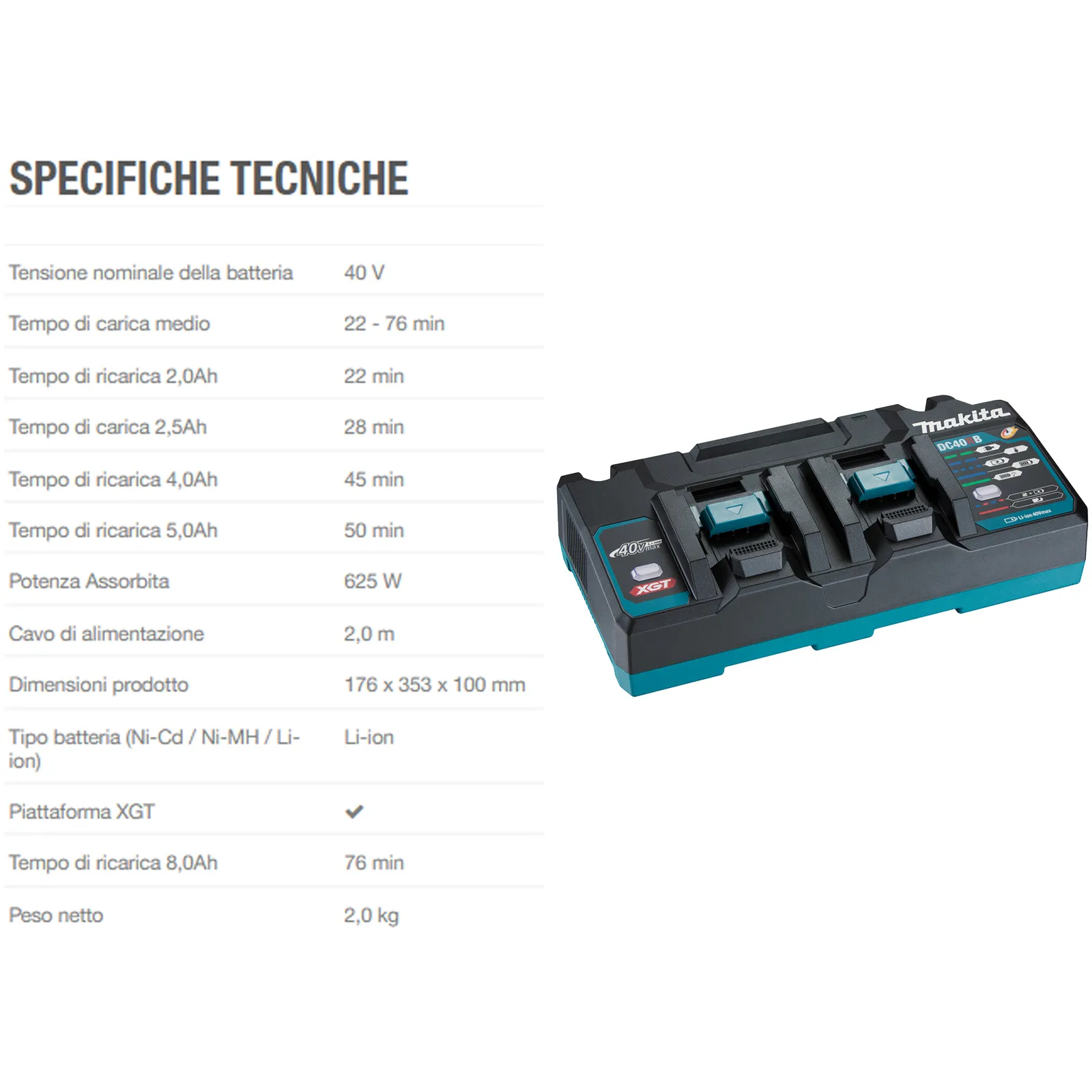 Caricabatterie 40V XGT Doppia Postazione MAKITA LED Stato di Carica Sistema di Raffreddamento modello DC40RB codice 191N09-8 - immagine 3