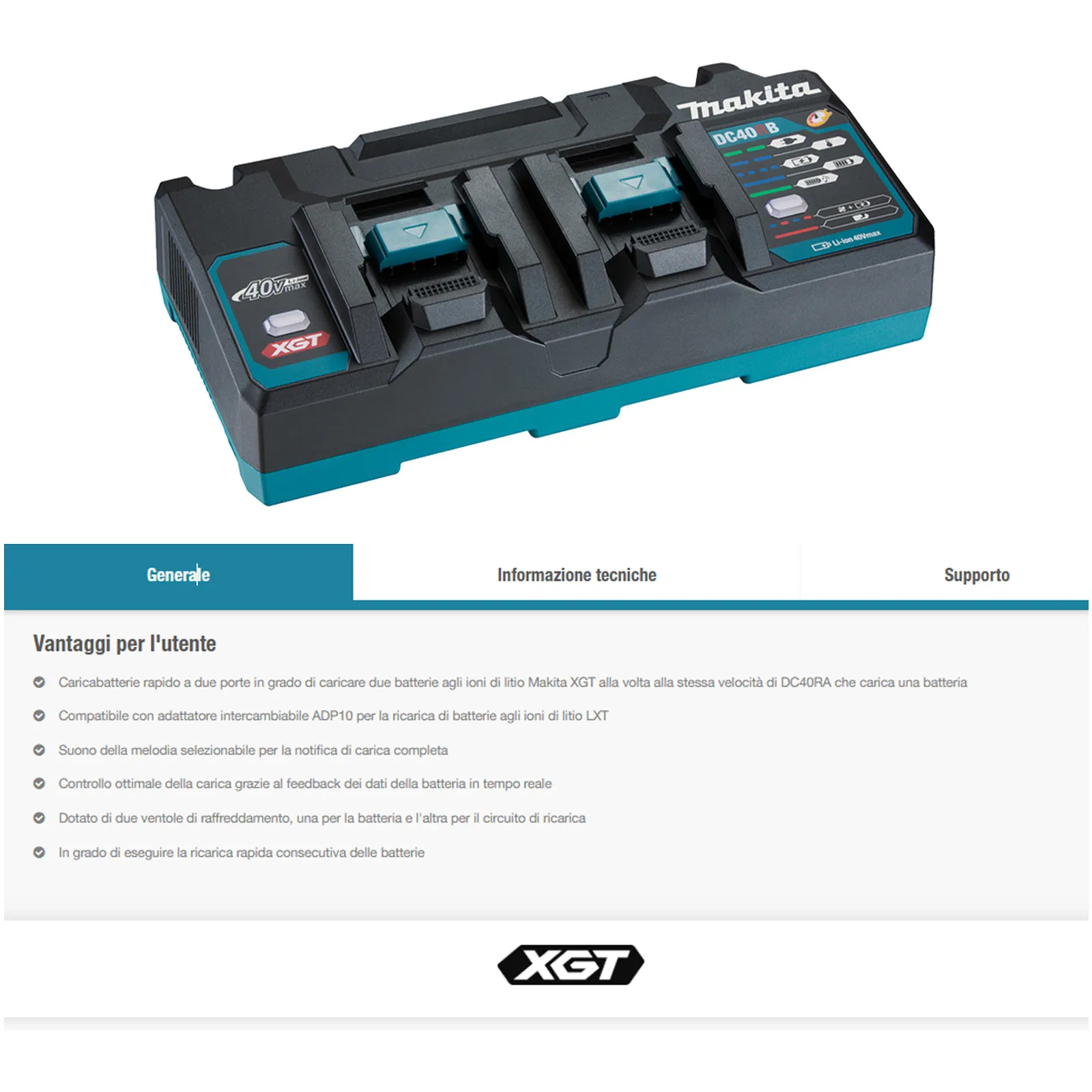 Caricabatterie 40V XGT Doppia Postazione MAKITA LED Stato di Carica Sistema di Raffreddamento modello DC40RB codice 191N09-8 - immagine 4