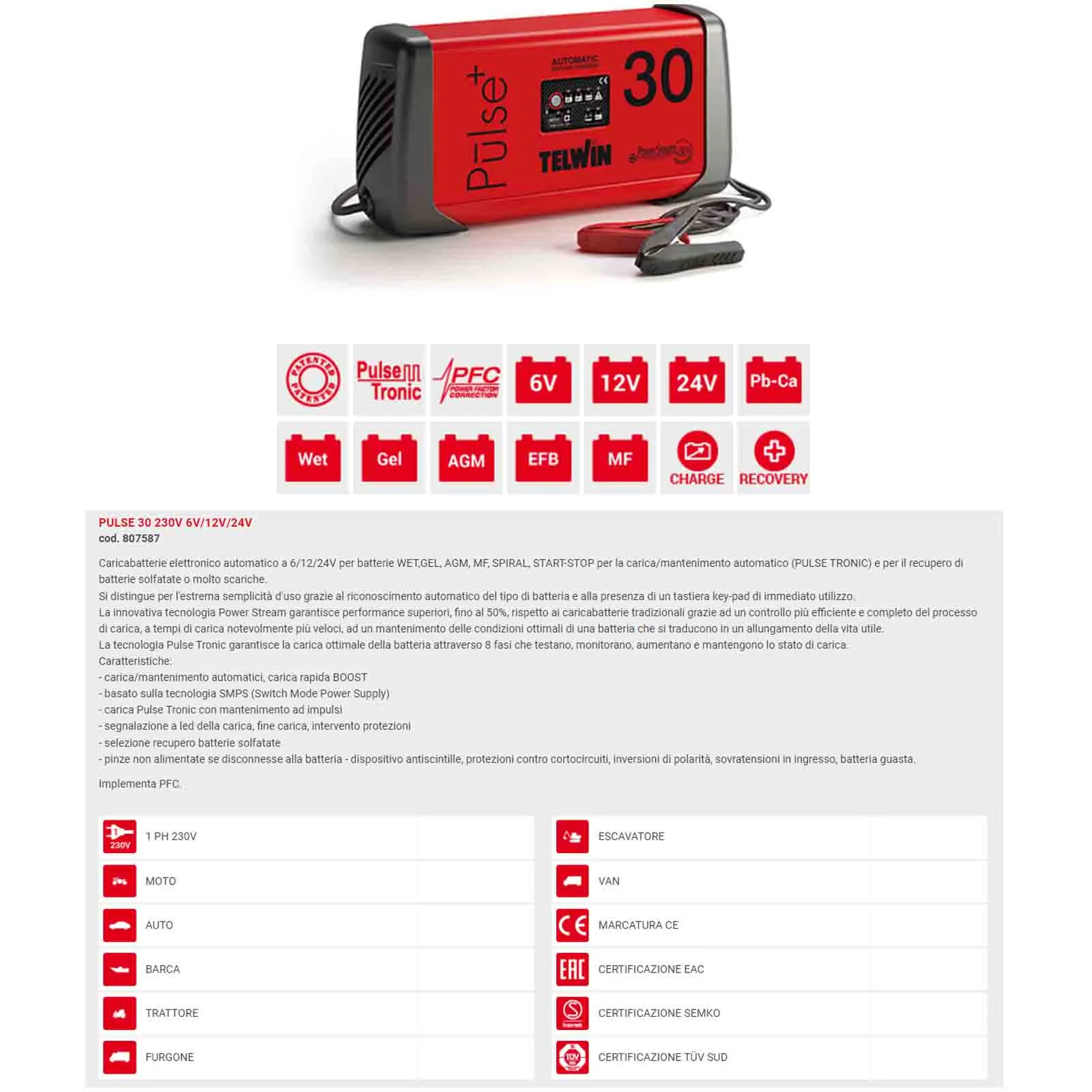 Mantenitore di Carica Batterie 12 24V TELWIN per Auto Moto Camion Professionale TELWIN PULSE 30 - immagine 3