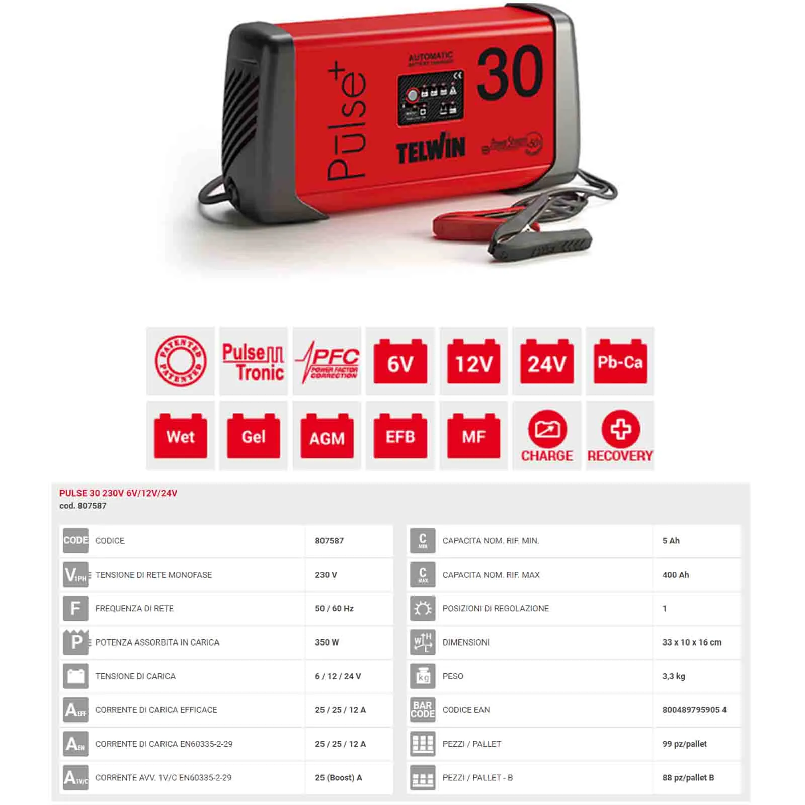 Mantenitore di Carica Batterie 12 24V TELWIN per Auto Moto Camion Professionale TELWIN PULSE 30 - immagine 4