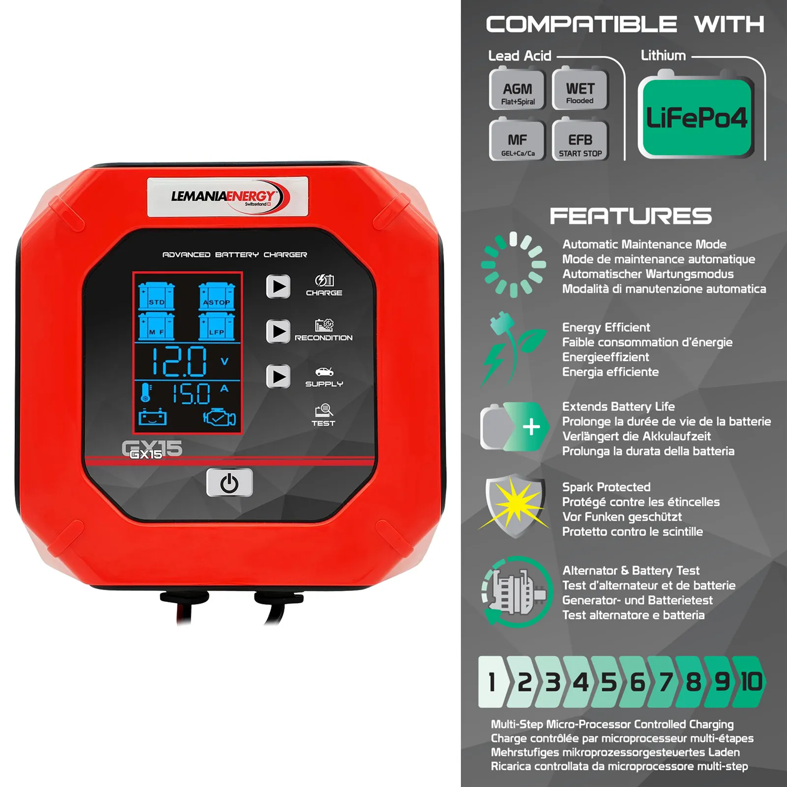 Caricabatterie Auto Moto Test 12V Mantenitore LEMANIA ENERGY Professionale GX15 - immagine 2
