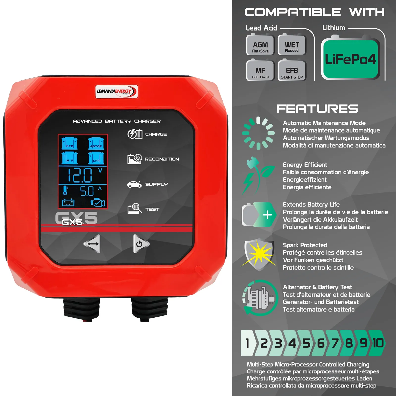 Caricabatterie Auto Moto 12V Tester Mantenitore LEMANIA ENERGY Professionale GX5 - immagine 2