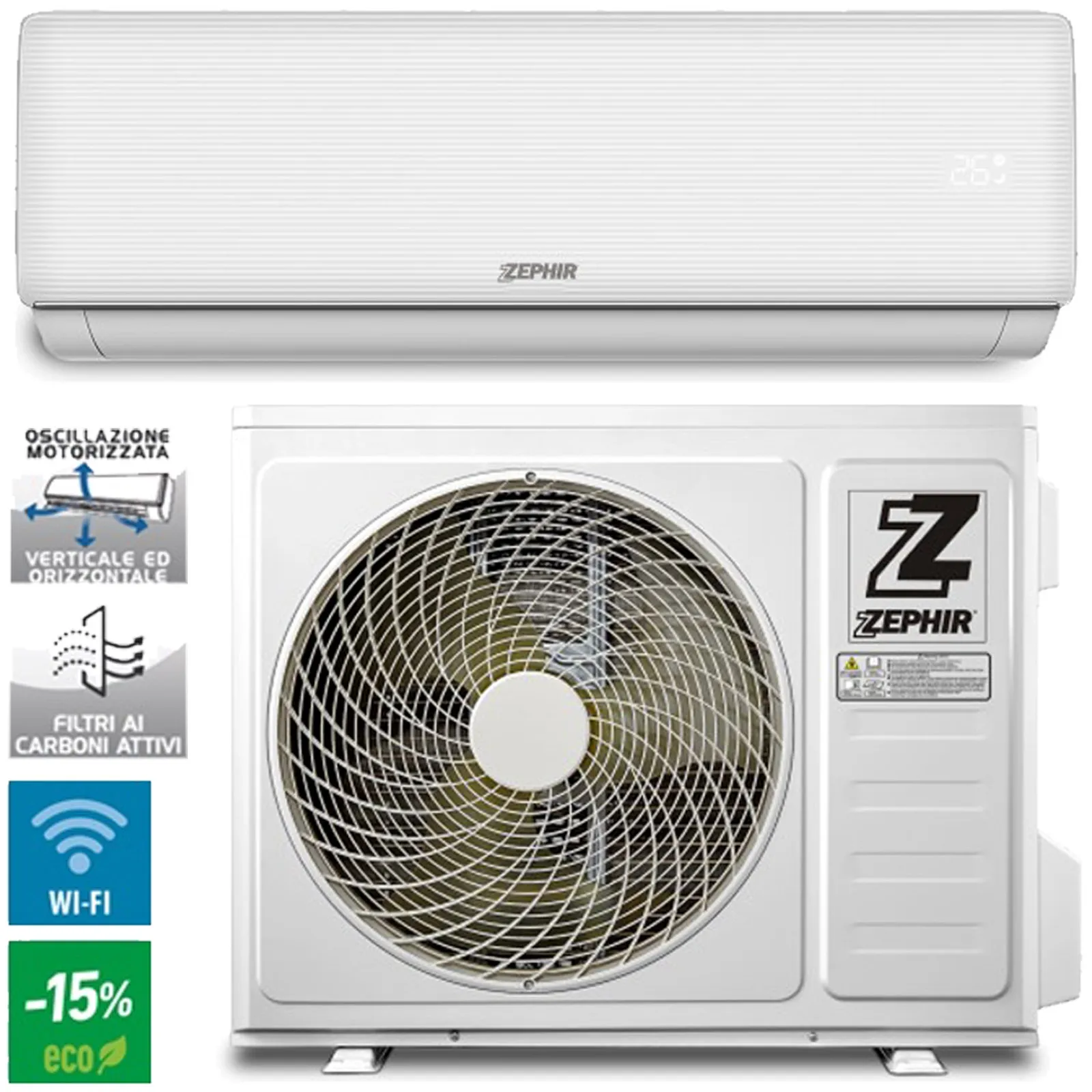 Climatizzatore Monosplit WiFi 9000 BTU ZEPHIR Tenologia Inverter e Pompa di Calore Smart Alexa Google ZTQ9000WIFI
