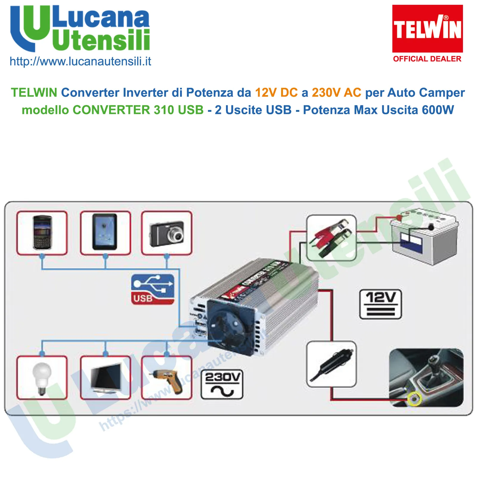 Convertitore di Potenza da 12V a 230V Auto Camper TELWIN Inverter 310 USB - immagine 5