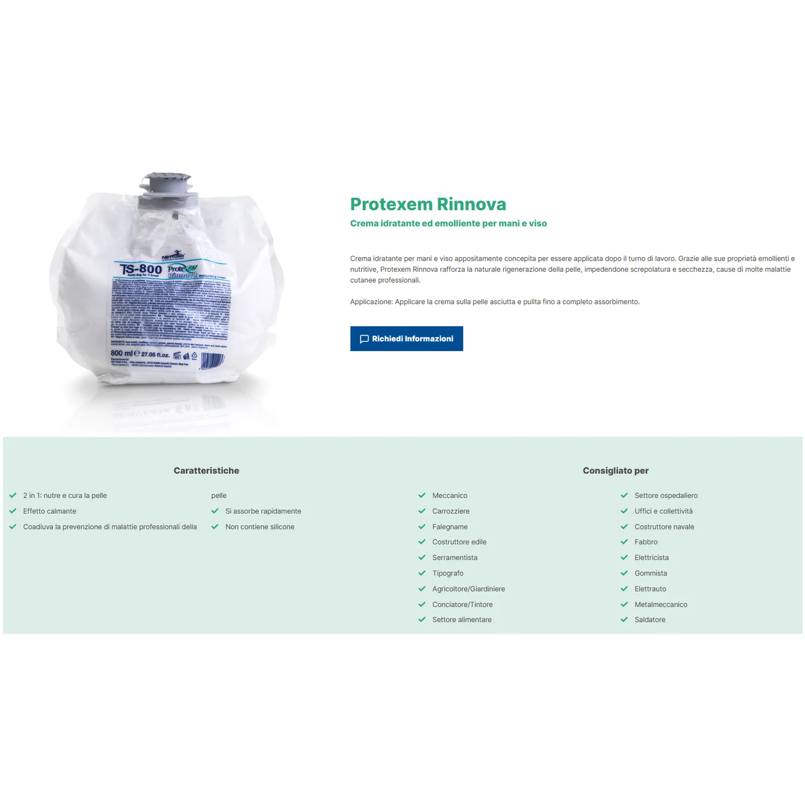 Crema Protettiva Idratante Mani Viso NETTUNO Nutriente Rigenerante Dopo Lavoro Confezione 800ml Ricarica T-S800 articolo PROTEXEM RINNOVA - immagine 2