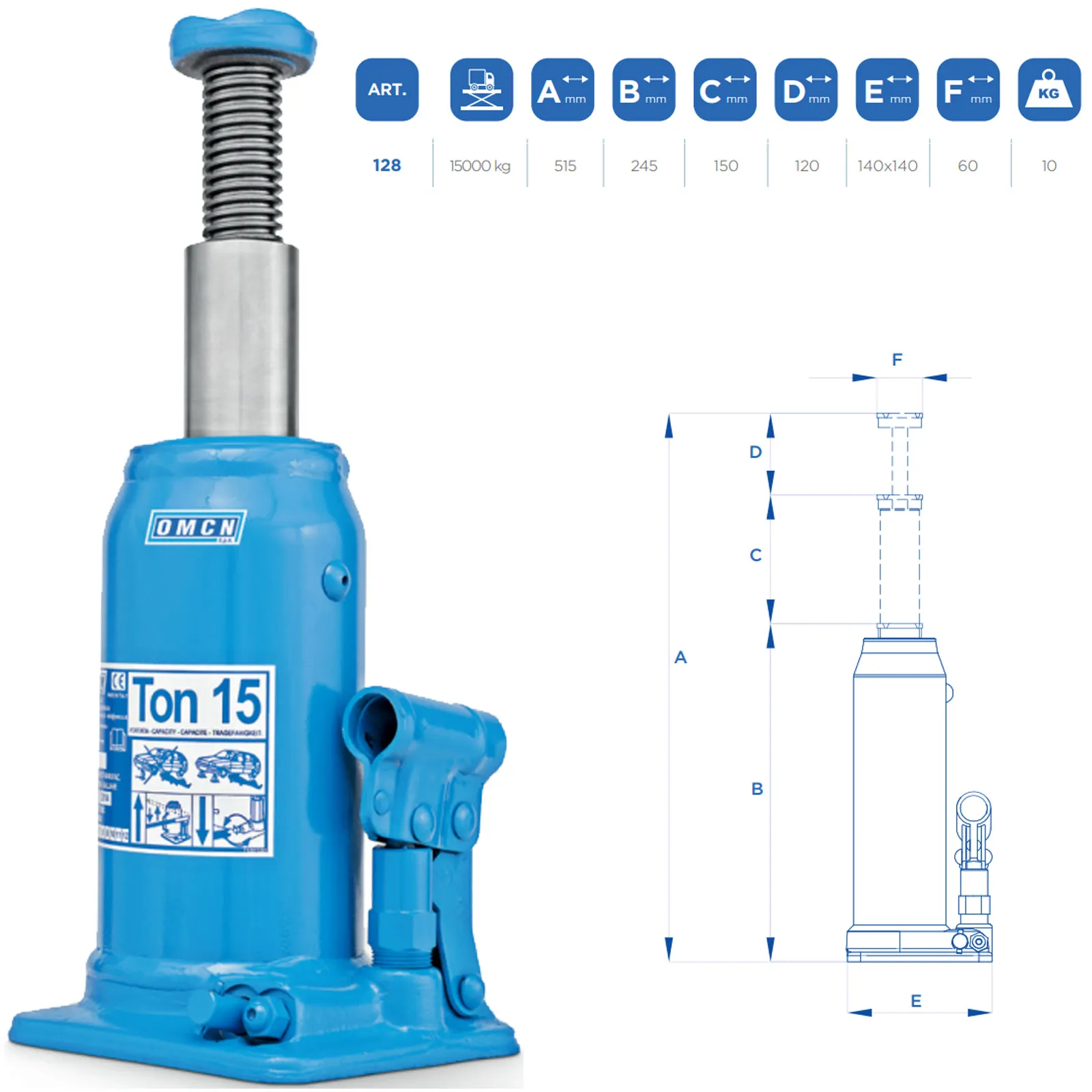 Cric Idraulico a Bottiglia 15 Ton OMCN Sollevatore Martinetto Professionale 15000 Kg Crick Articolo 128 - immagine 2