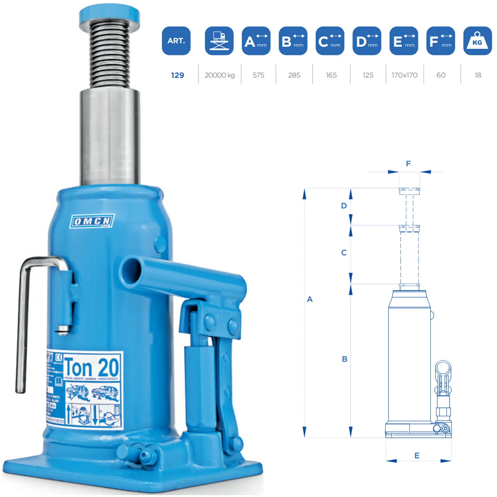 Cric Idraulico a Bottiglia 20 Ton OMCN Sollevatore Martinetto Professionale 20000 Kg Crick Articolo 129 - immagine 2