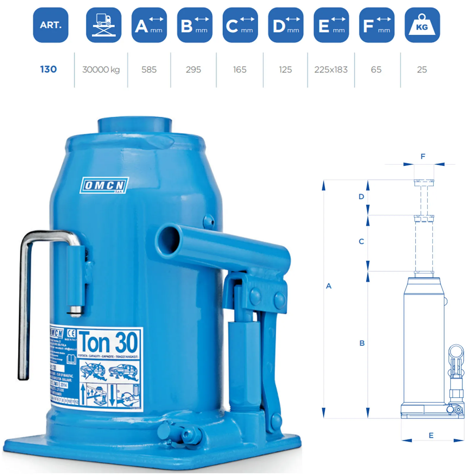 Cric Idraulico a Bottiglia 30 Ton OMCN Sollevatore Martinetto Professionale 30000 Kg Crick Articolo 130 - immagine 2