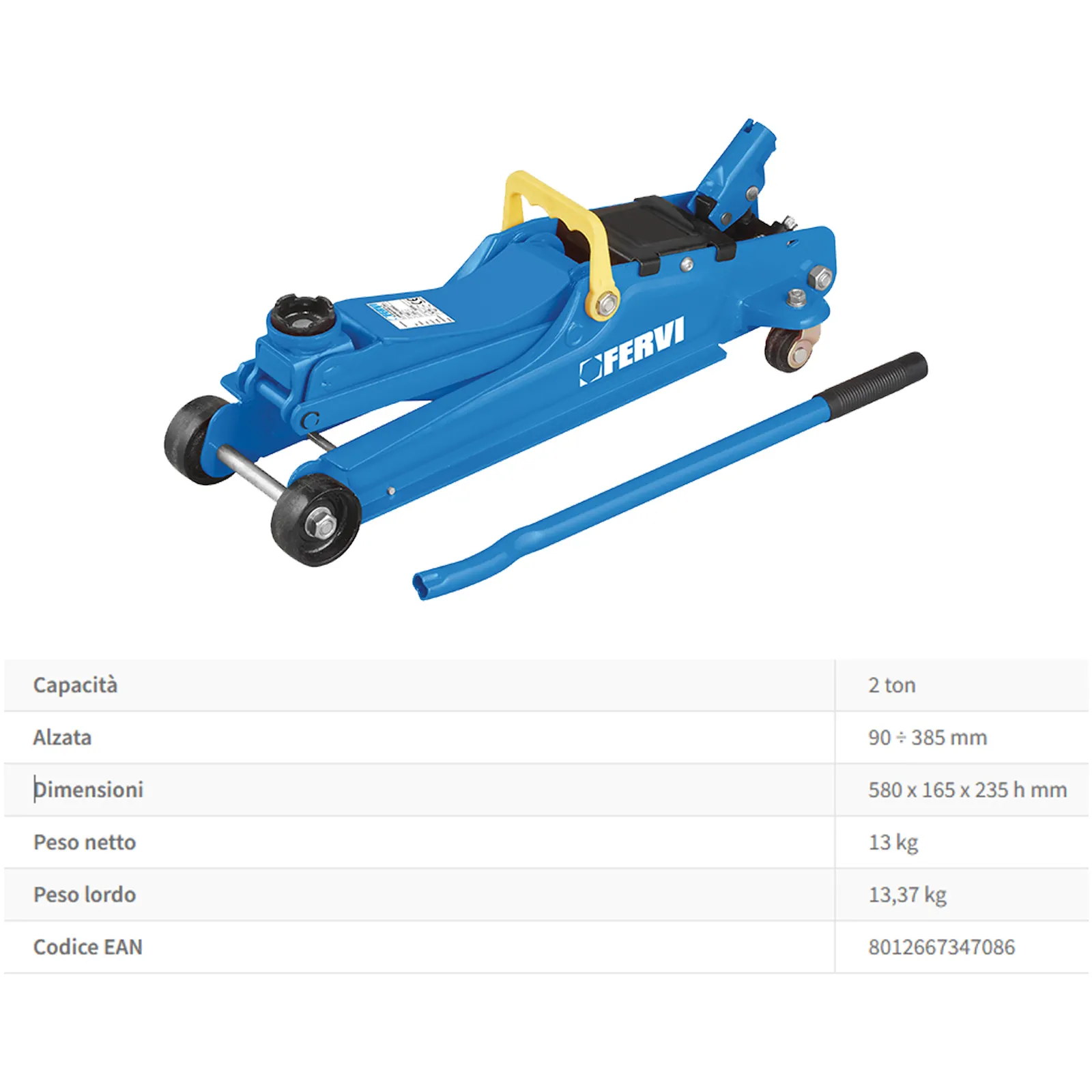 Cric a Carrello 2 Ton FERVI in Acciaio con Profilo Ribassato Maniglia Sollevamento articolo 0567 - immagine 2
