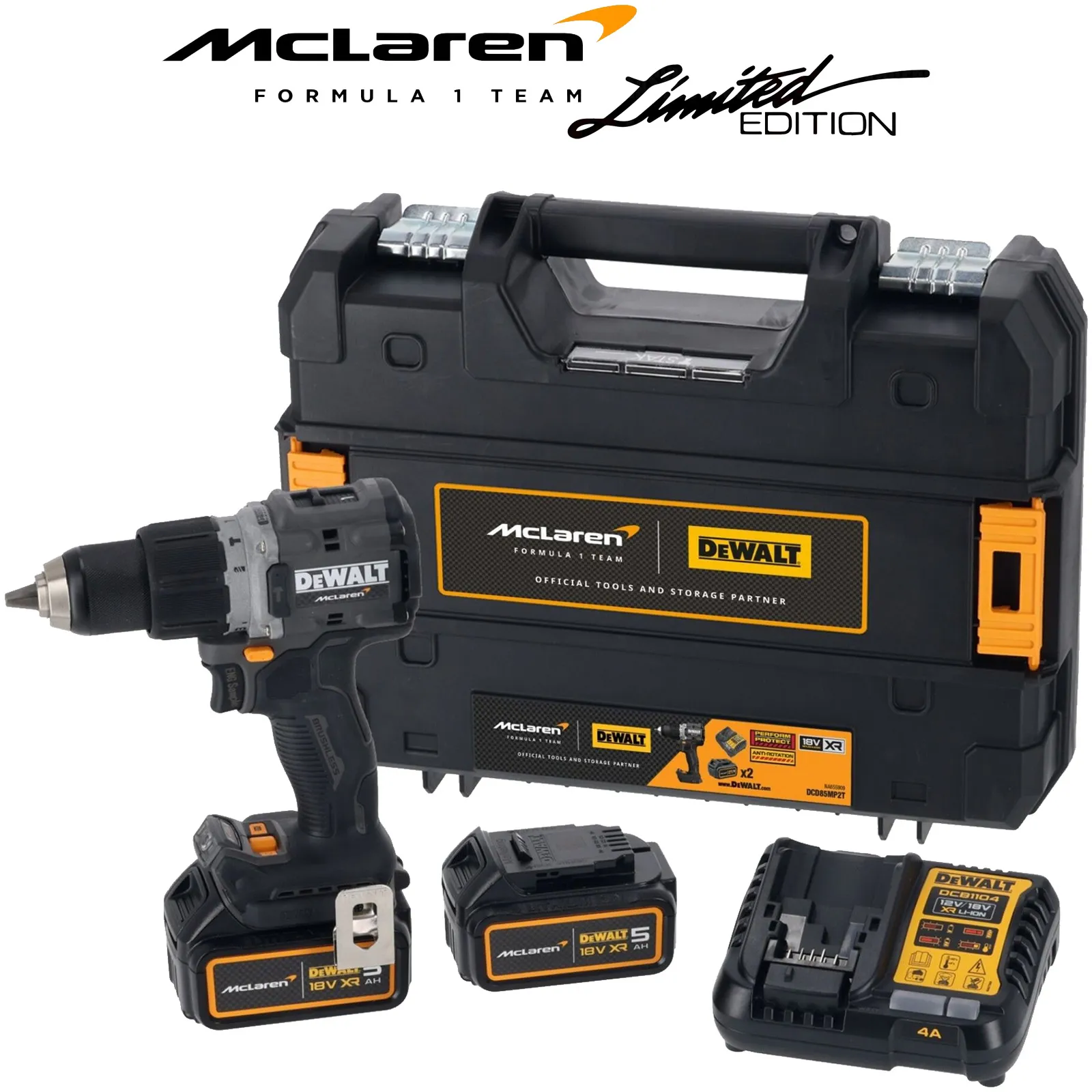 Trapano Avvitatore con Percussione DEWALT Coppia 90Nm Batteria 18V XR Motore Brushless Limited Edition McLaren F1 Team modello DCD85MP2T-QW