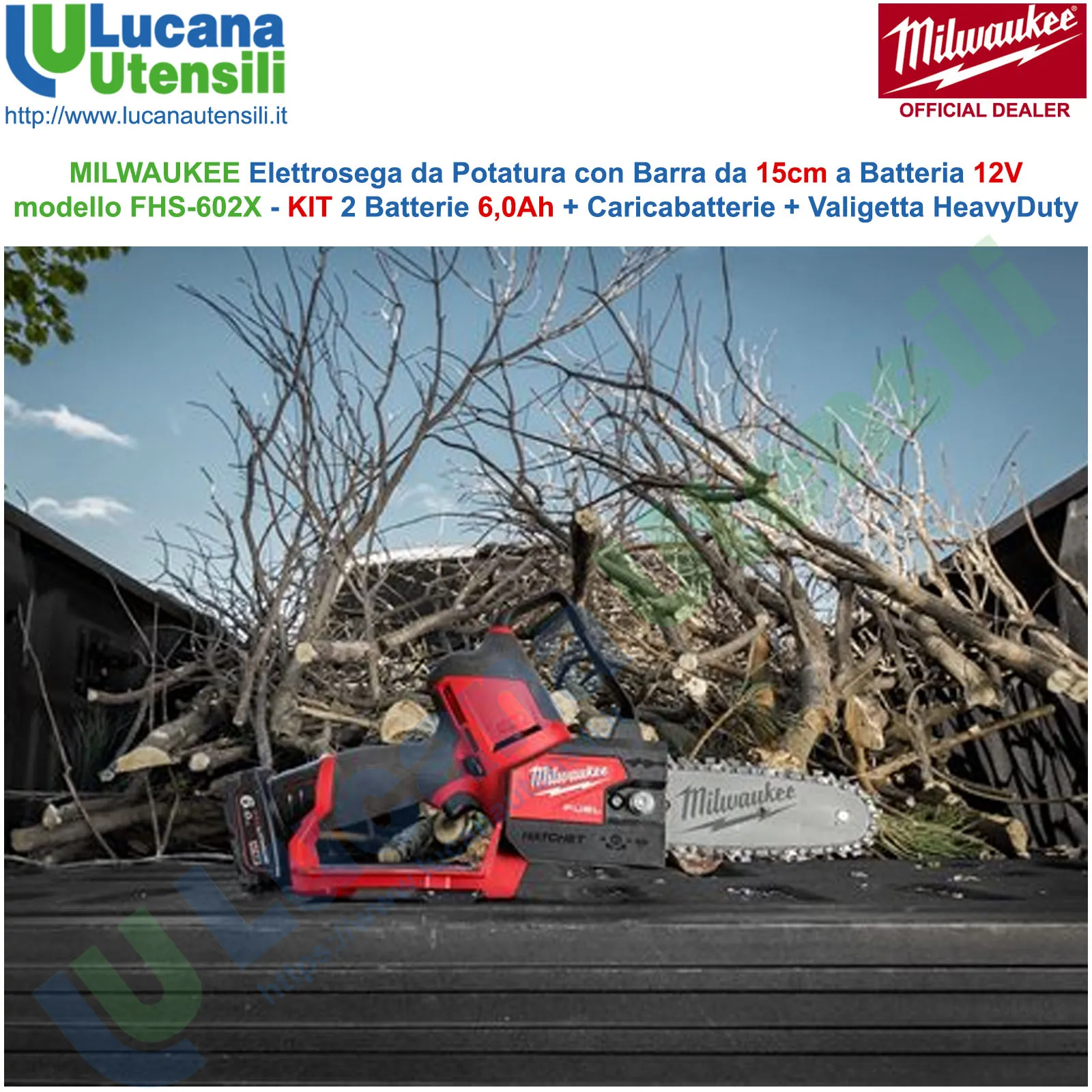 Elettrosega per Potatura a Batteria 12V MILWAUKEE Barra 15cm Motosega Professionale M12 FHS-602X - immagine 4