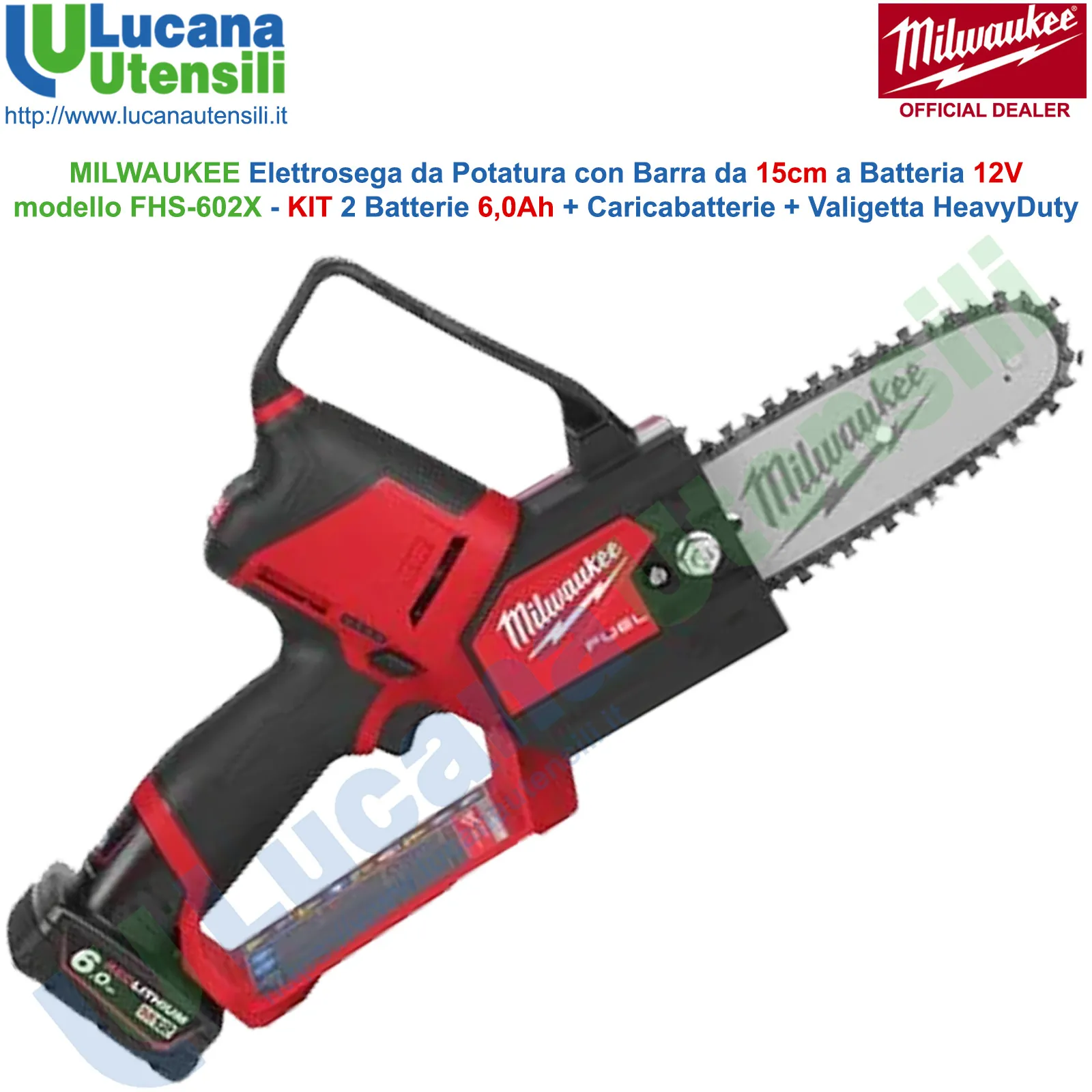 Elettrosega per Potatura a Batteria 12V MILWAUKEE Barra 15cm Motosega Professionale M12 FHS-602X - immagine 2