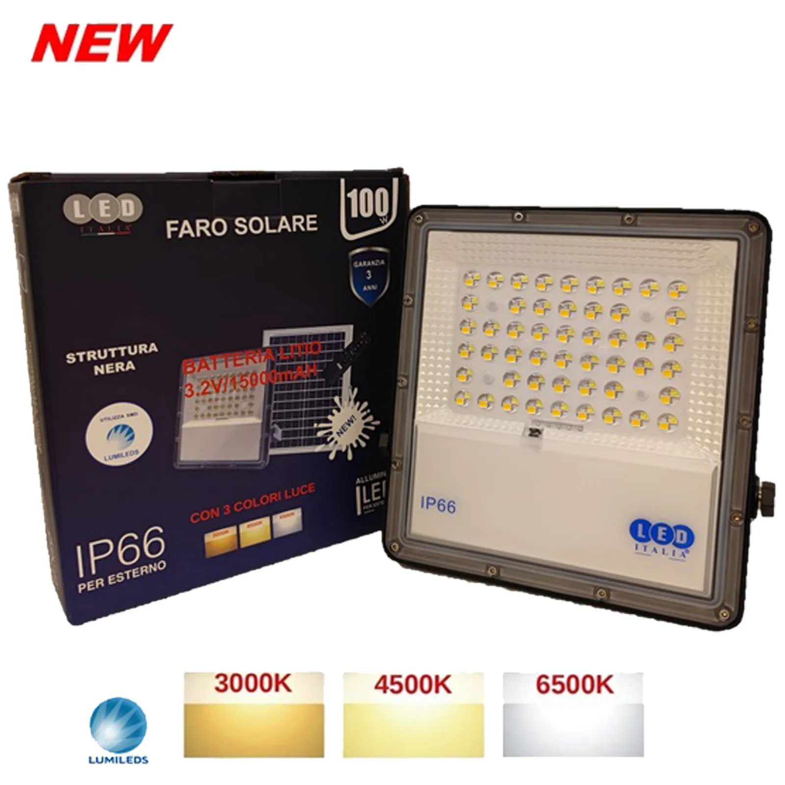 Faro LED da Esterno Ricaricabile a Batteria LED ITALIA Struttura in Alluminio, Ricarica con Pannello Solare LIFE ST