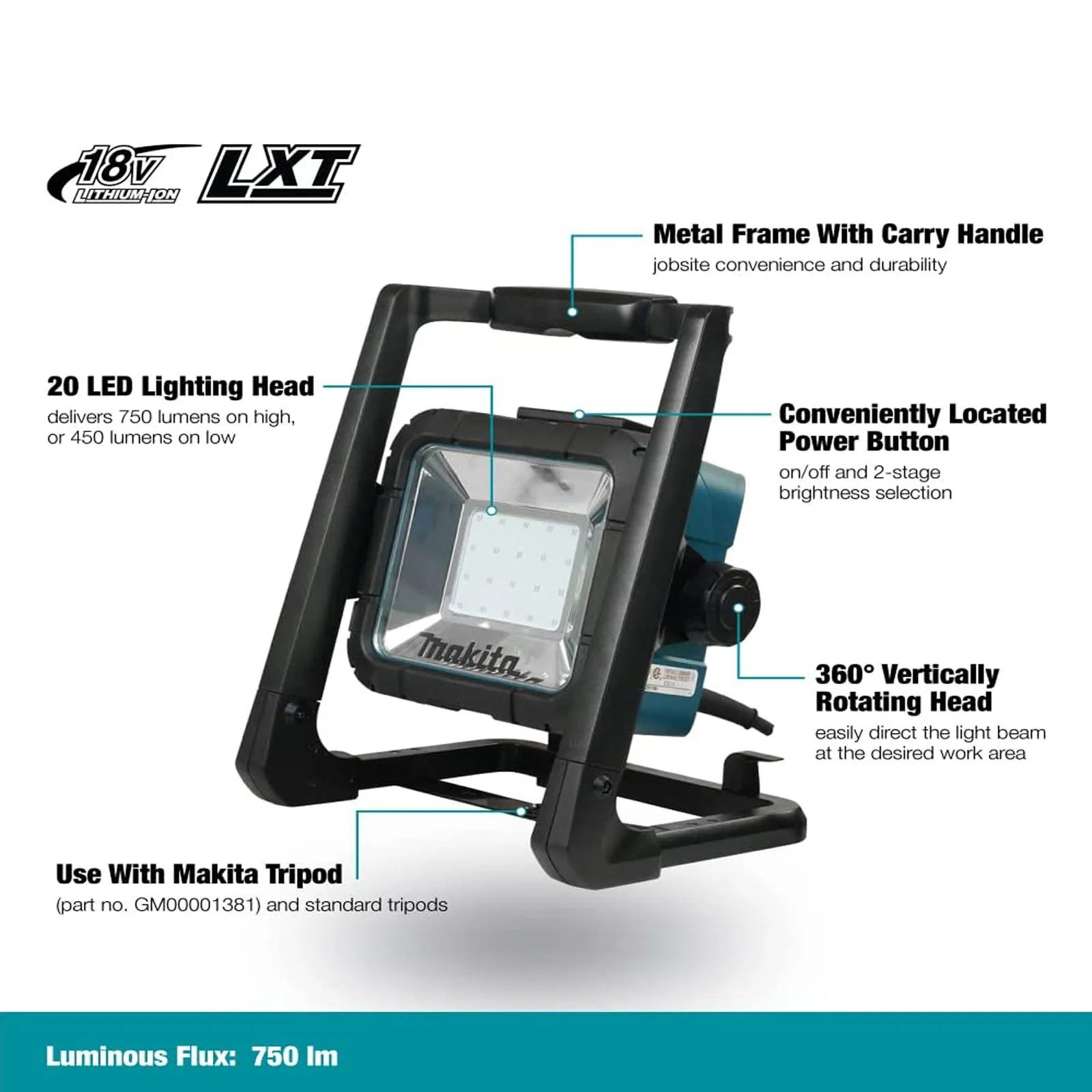 Faro 20 LED da Cantiere a Batteria 14,4V 18V MAKITA Cordless Luce Bianca 750 Lumen DML805 - immagine 2