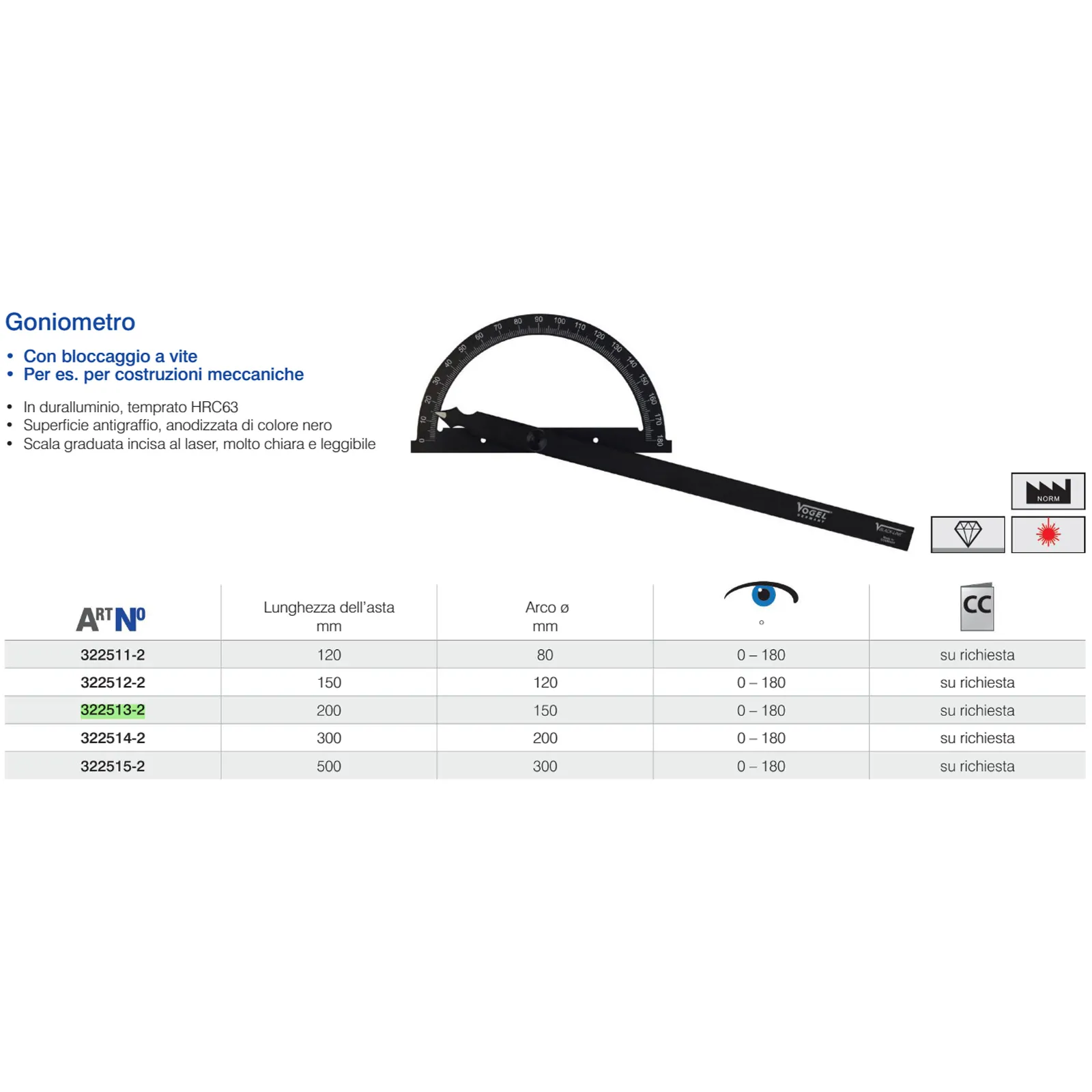 Goniometro Manuale in Alluminio Temprato VOGEL Asta 200mm Arco ø 150mm Scala 0-180° articolo 322513-2 - immagine 2