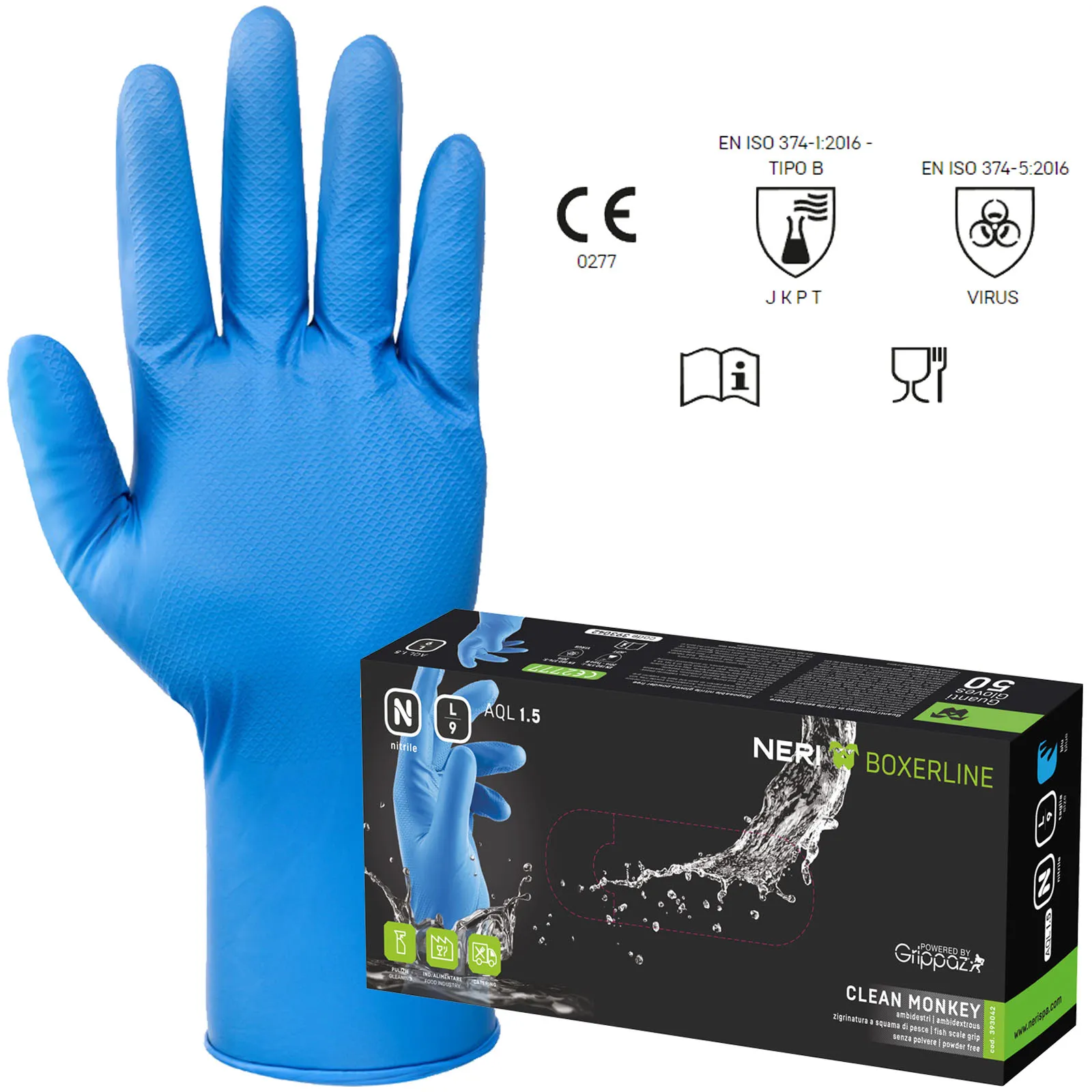 Guanti Monouso in Nitrile NERI Antiscivolo a Squama di Pesce Senza Polvere DPI Cat. III per Contatto Alimentare CLEAN MONKEY