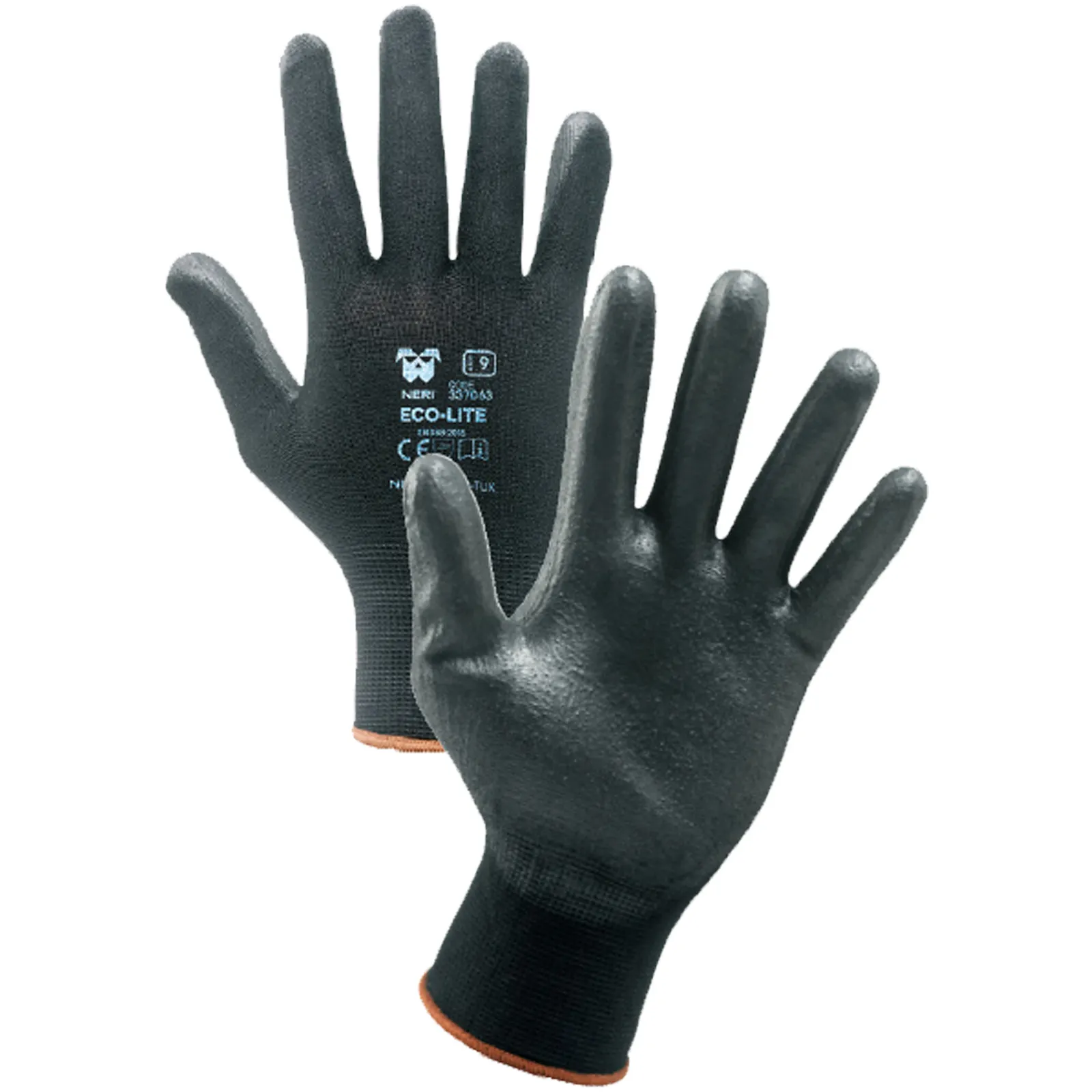 Guanti da Lavoro Antiscivolo NERI Poliestere Spalmato PU DPI Rischio Meccanico cat. II modello ECO LITE articolo 3307063