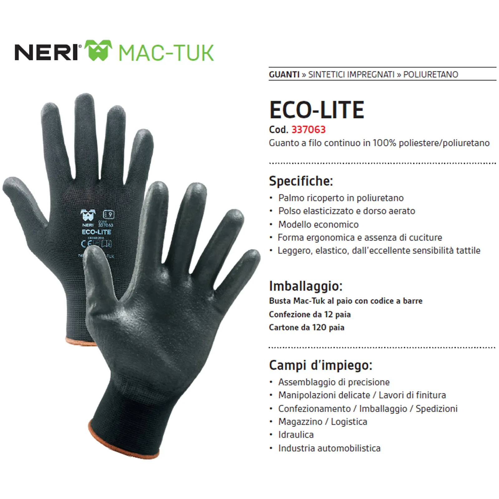 Guanti da Lavoro Antiscivolo NERI Poliestere Spalmato PU DPI Rischio Meccanico cat. II modello ECO LITE articolo 3307063 - immagine 4