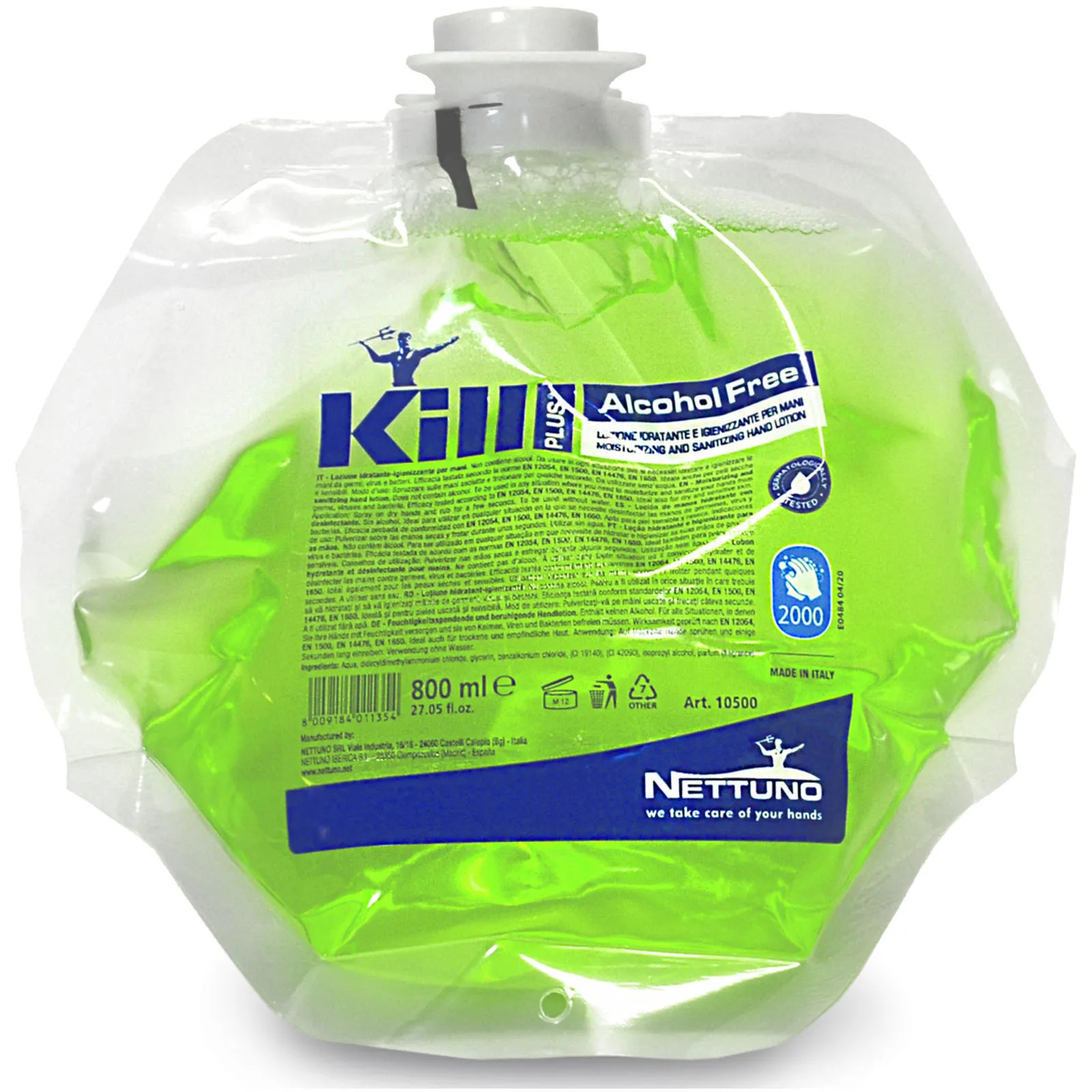 Lozione Igienizzante Mani 800ml NETTUNO Sanitizzante Fungicida Antivirus Antibatterica No-Alcol Idratante Ricarica T-S800 articolo KILL PLUS