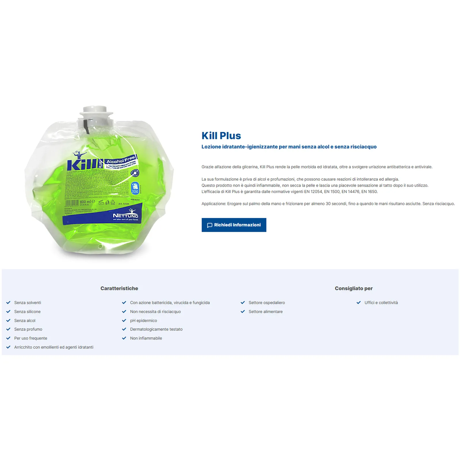 Lozione Igienizzante Mani 800ml NETTUNO Sanitizzante Fungicida Antivirus Antibatterica No-Alcol Idratante Ricarica T-S800 articolo KILL PLUS - immagine 2