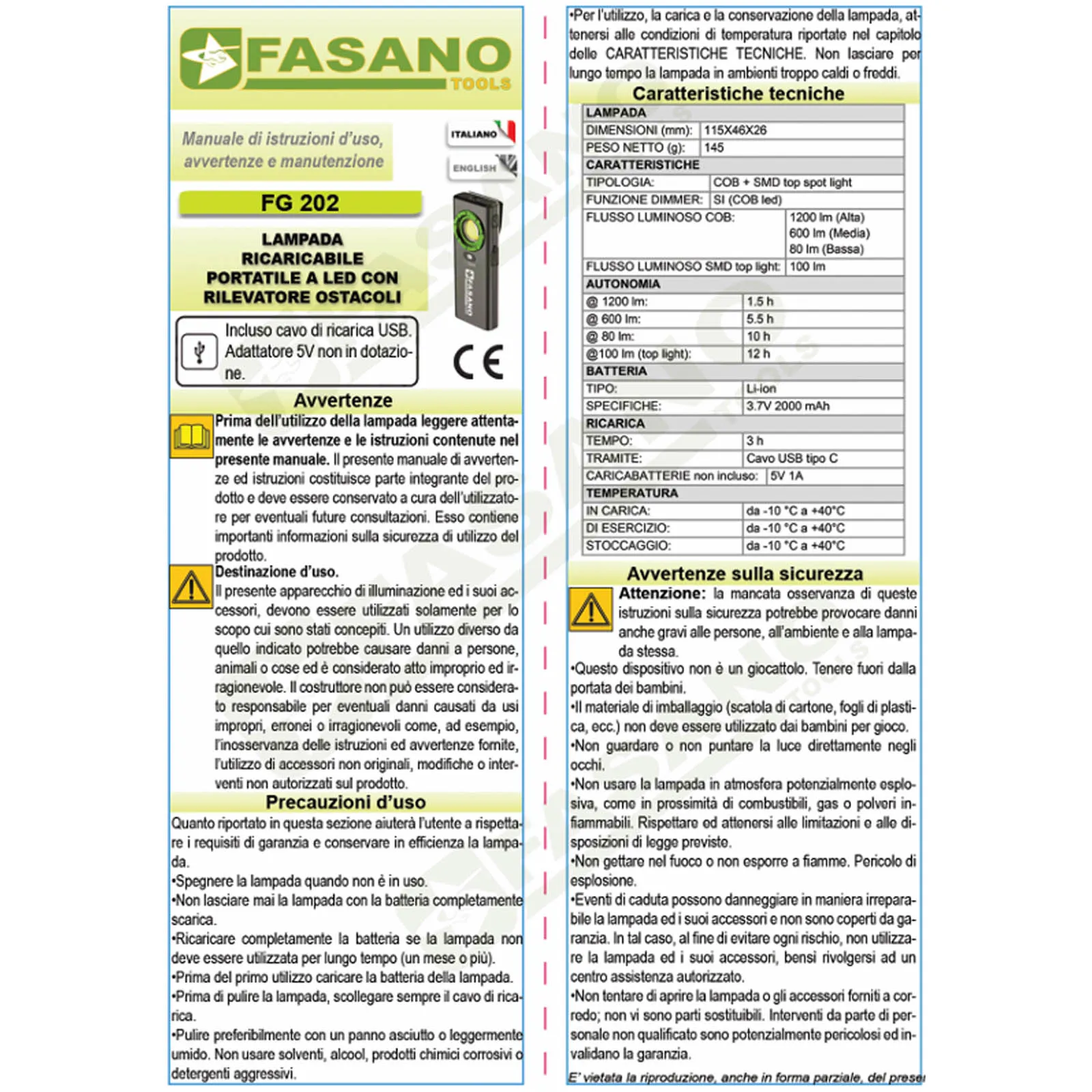 Lampada a LED Ricaricabile FASANO TOOLS Slim con Gancio e Magnete Doppio Spot Luminoso 3 Intensità e TSC System FG 202 - immagine 5