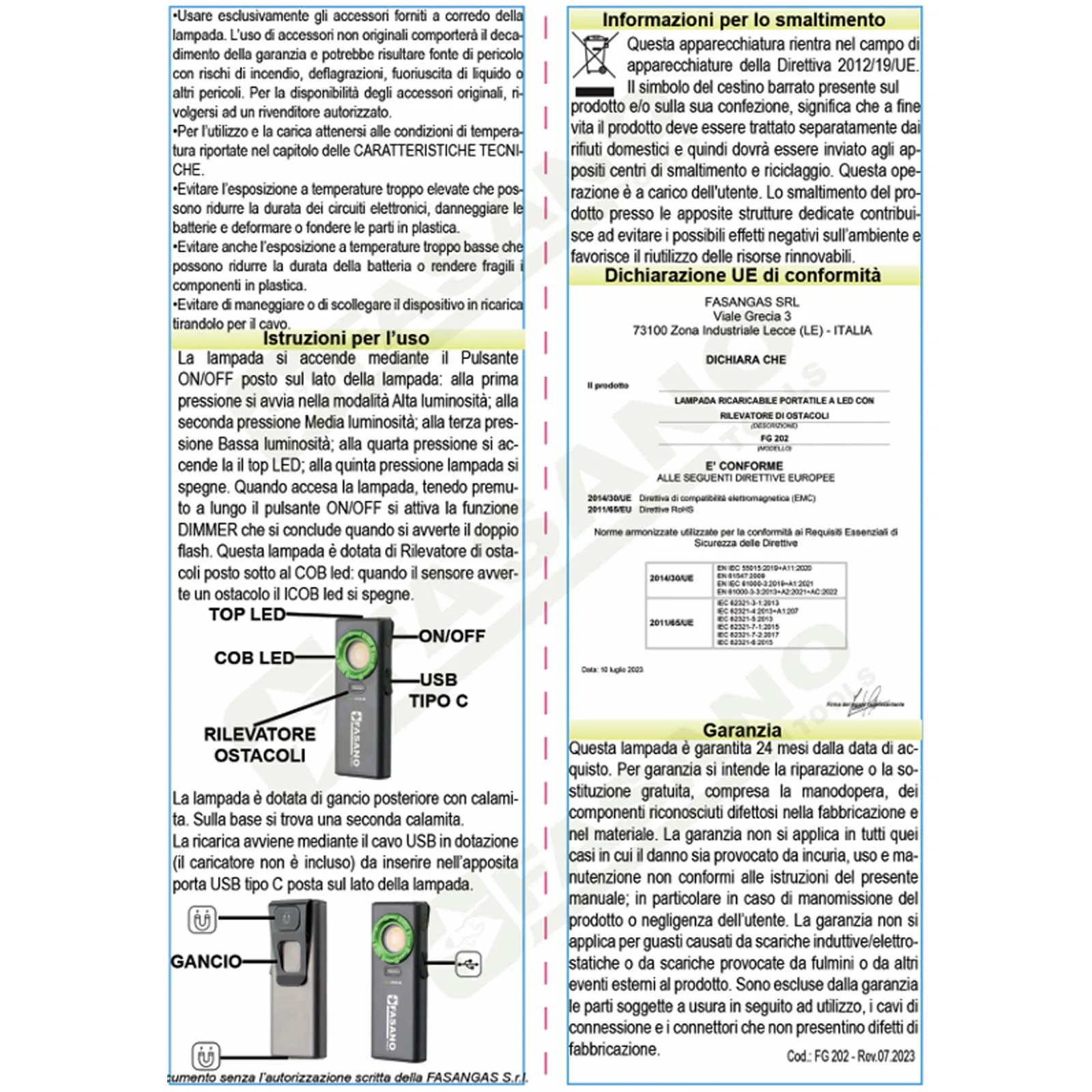 Lampada a LED Ricaricabile FASANO TOOLS Slim con Gancio e Magnete Doppio Spot Luminoso 3 Intensità e TSC System FG 202 - immagine 6