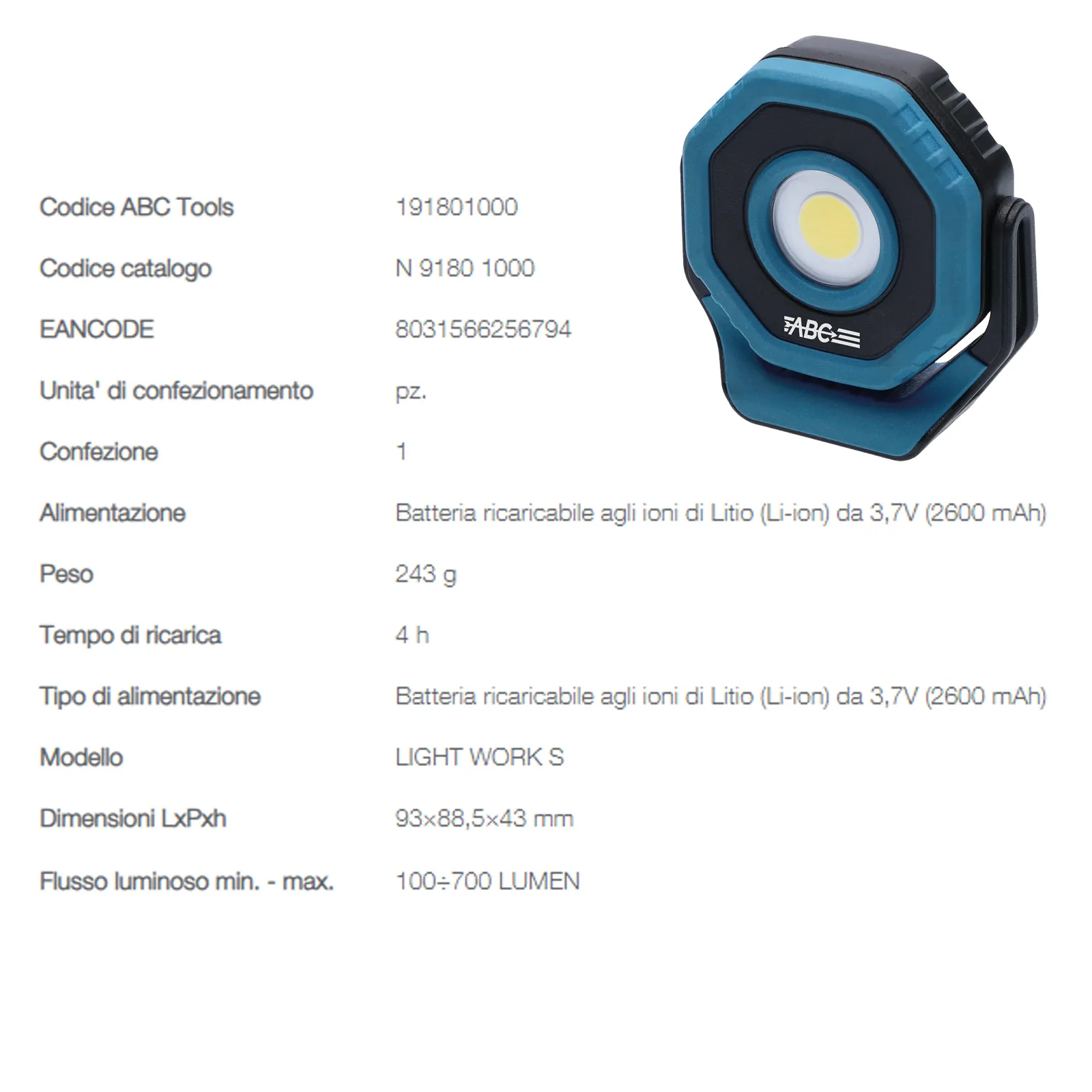 Lampada da Lavoro Led Ricaricabile ABC TOOLS Torcia a Batteria USB LIGHT WORK S - immagine 2