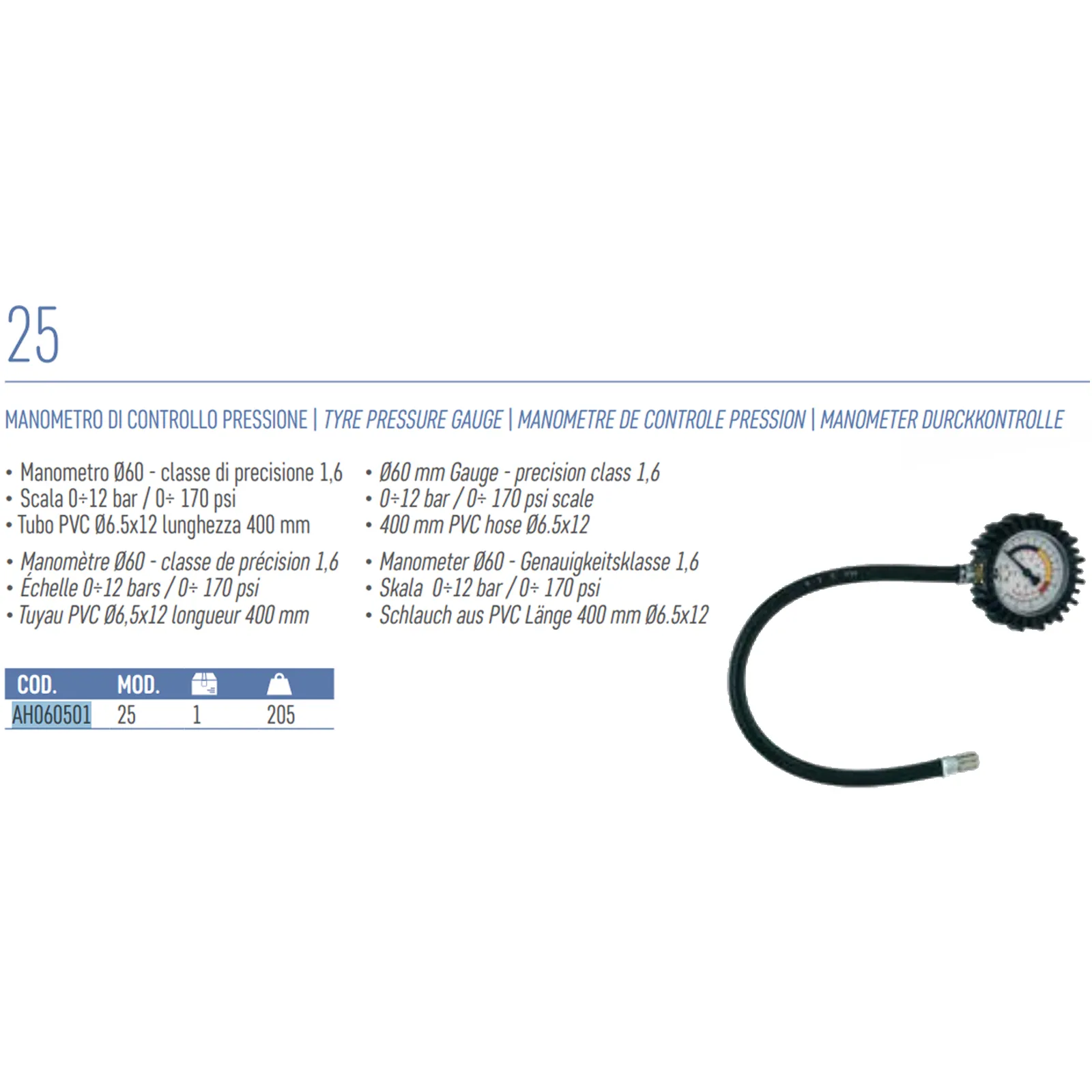 Manometro Ø60mm Controllo Pressione Pneumatici ANI 0÷12 bar 0÷170 psi Tubo 400mm - immagine 2