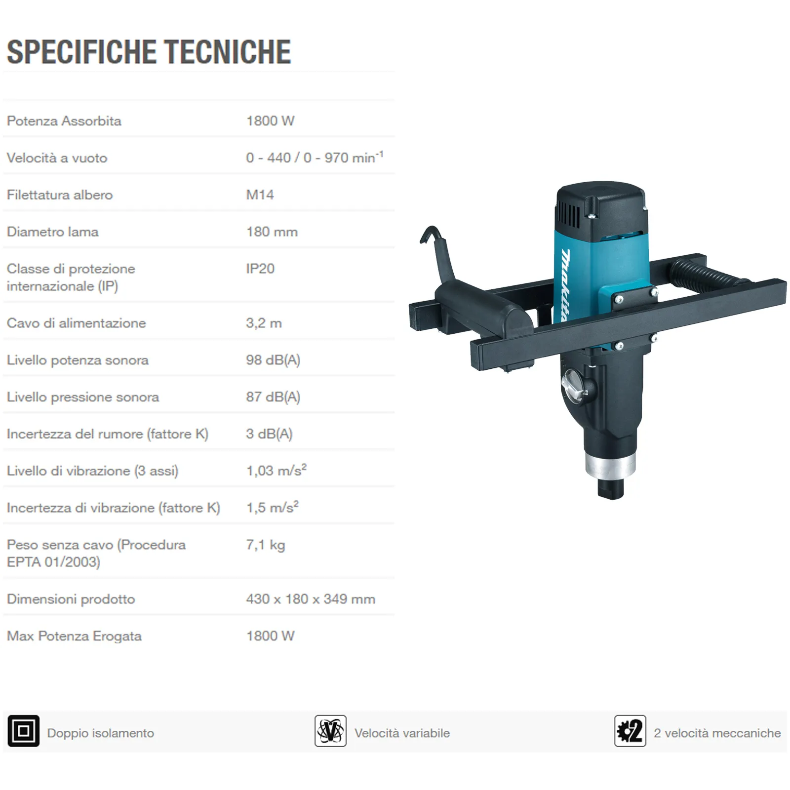 Miscelatore 1600W Intonaco Malta MAKITA 2 Velocità Meccaniche Protezione IP20 Fruste 180mm Potenza 50Nm UT1600 - immagine 2