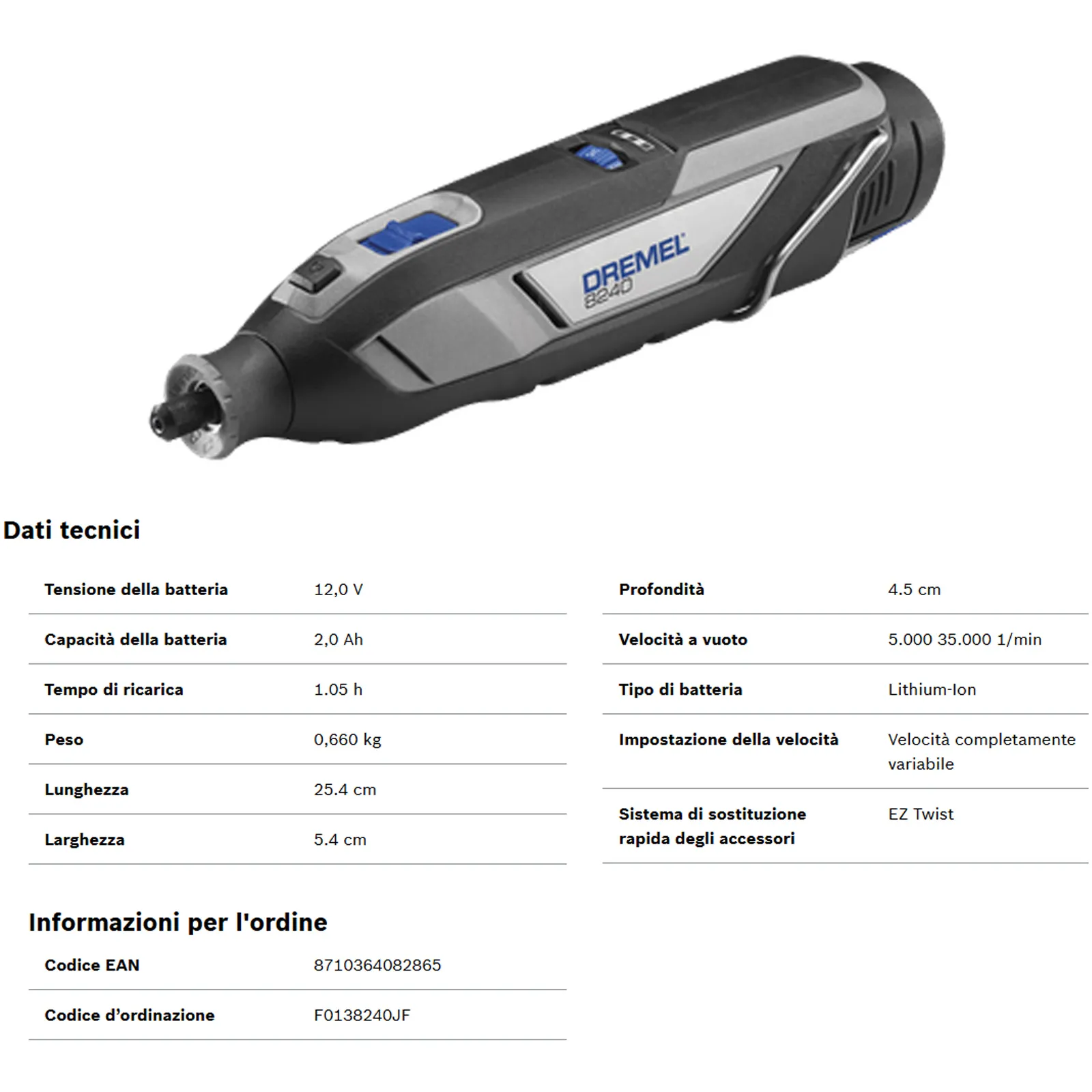 Multiutensile DREMEL Cordless a batteria 12V in Kit con 45 accessori e 3 complementi modello 8240-3/45 - immagine 8