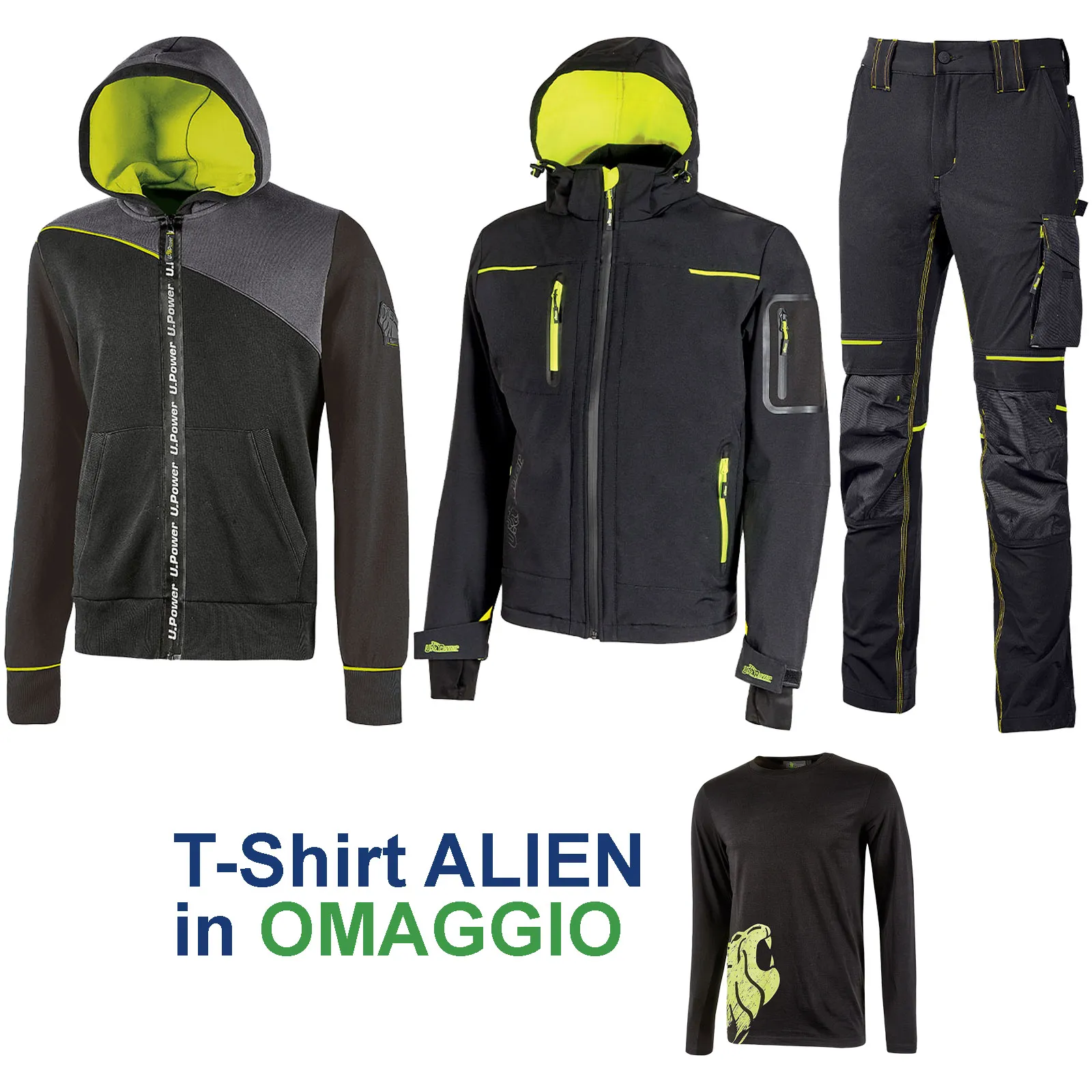 Offerta IDEA REGALO Completo da Lavoro Invernale U-POWER Felpa JUPITER + Pantalone ATOM + Giubbino SPACE + T-Shirt ALIEN OMAGGIO