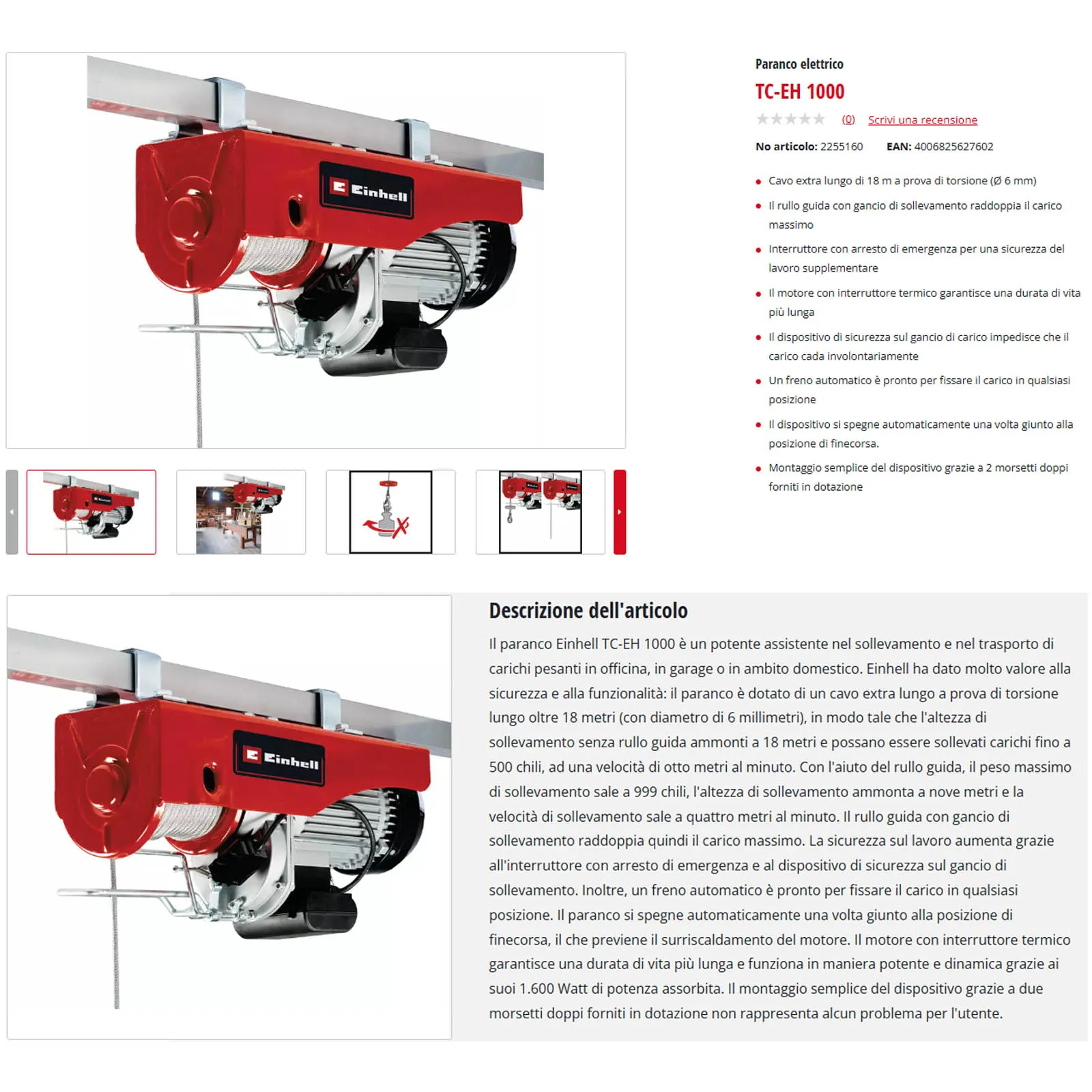 Paranco Elettrico 1600W Monofase EINHELL Cavo 18m Portata 999Kg con Sistema di Sicurezza Avanzata e Motore Termoprotetto modello TC-EH 1000-18 - immagine 9