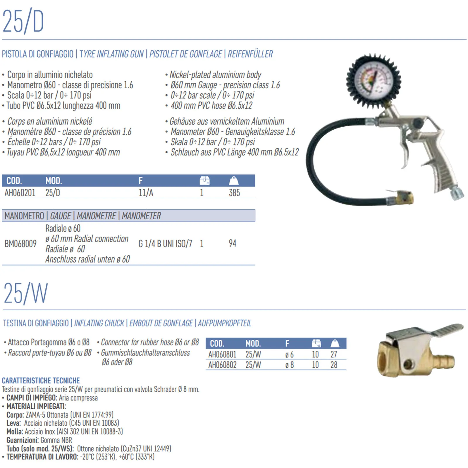 Pistola Gonfiaggio Pneumatici Manometro Ø60 ANI 0-12 bar Pressione Gomme 25/D - immagine 2