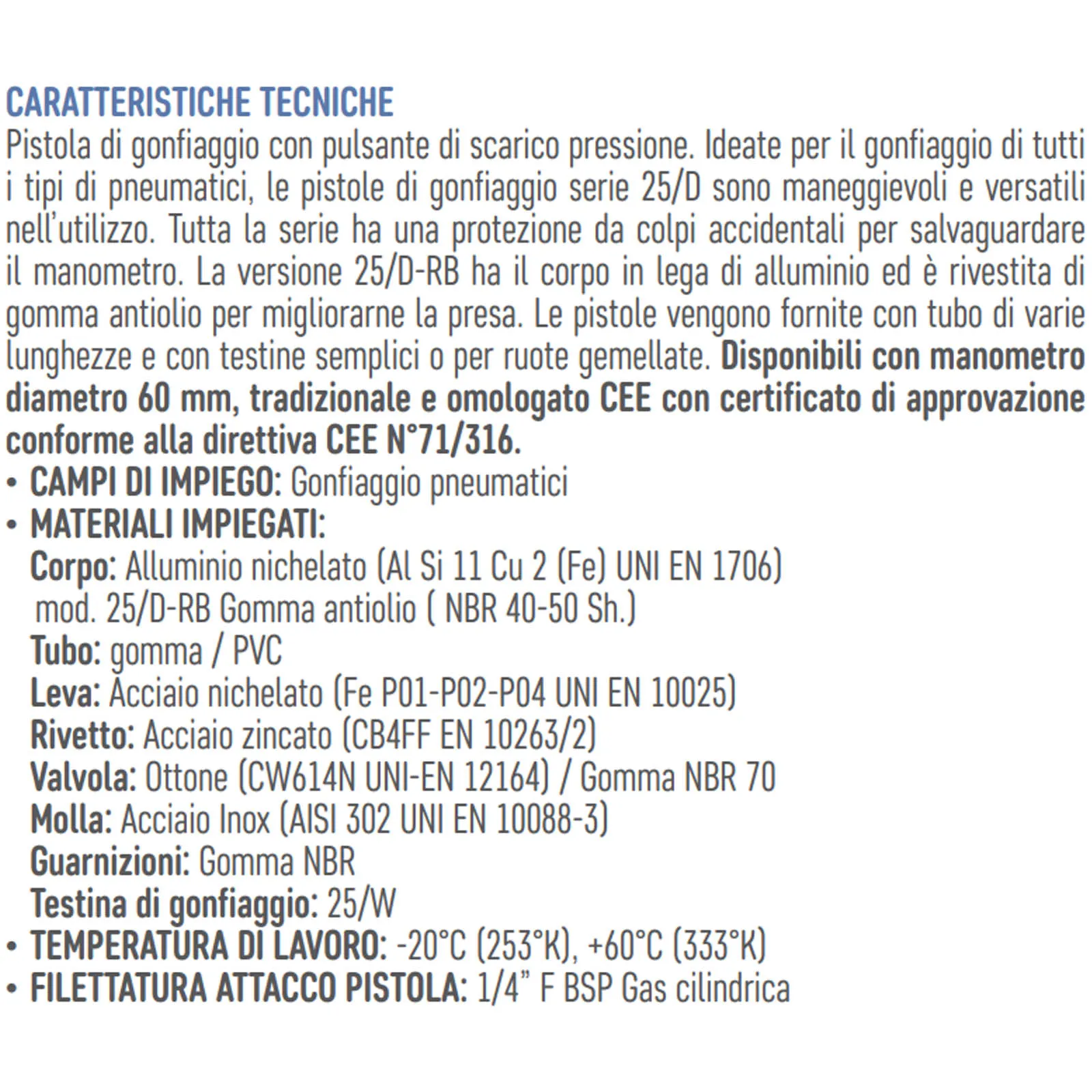 Pistola Gonfiaggio Pneumatici Manometro Ø60 ANI 0-12 bar Pressione Gomme 25/D - immagine 3