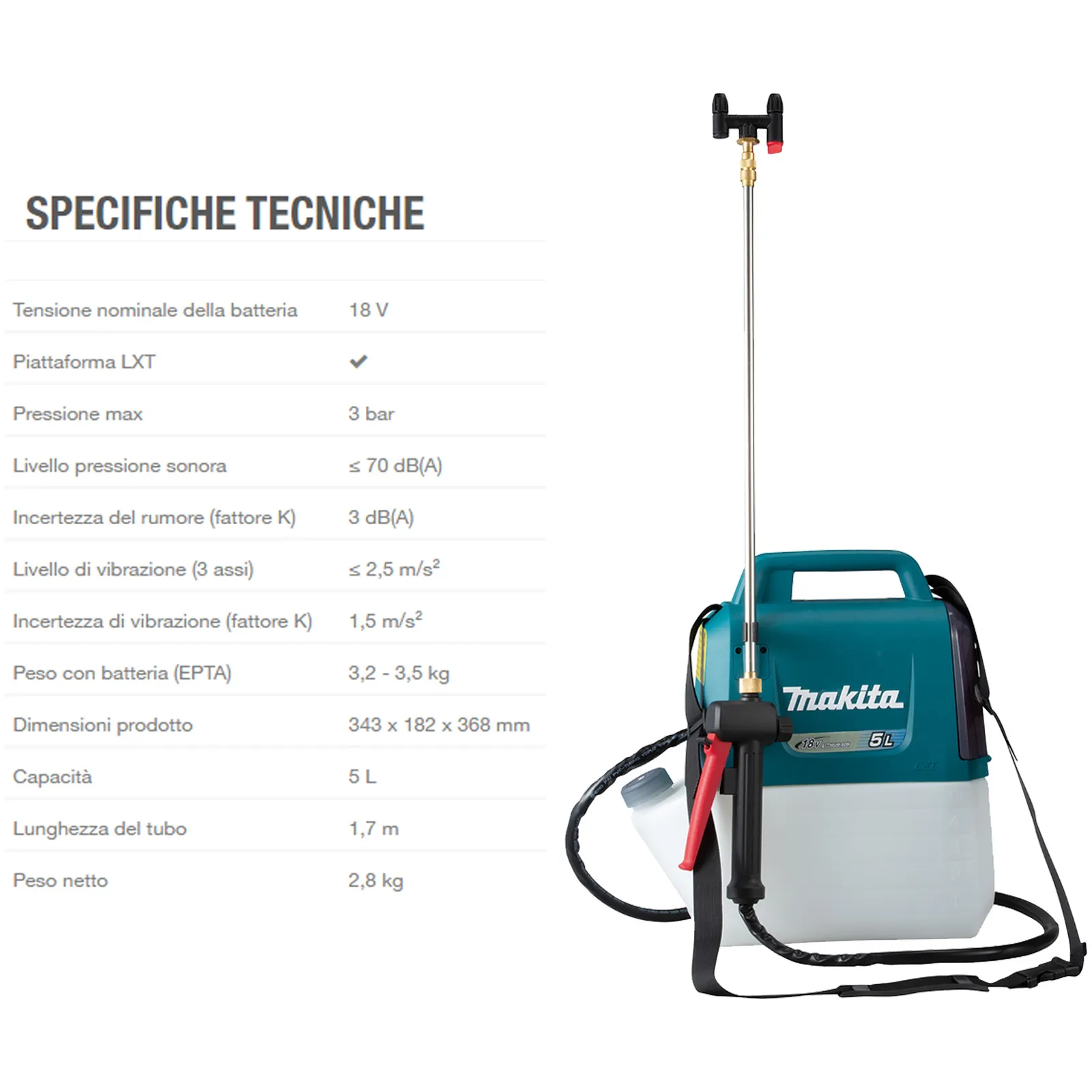 Pompa Irroratrice a Batteria 18V da Giardino MAKITA Capienza 5 Litri Pressione 3 Bar Ugello ad “H” modello DUS054Z - immagine 9