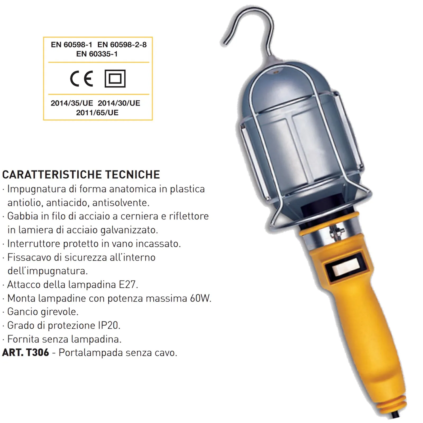 Portalampada Portatile da Officina T306 con Gancio ZECA per Arrotolatori + Lampadine di Ricambio 12V e 24V E27 60W - immagine 3