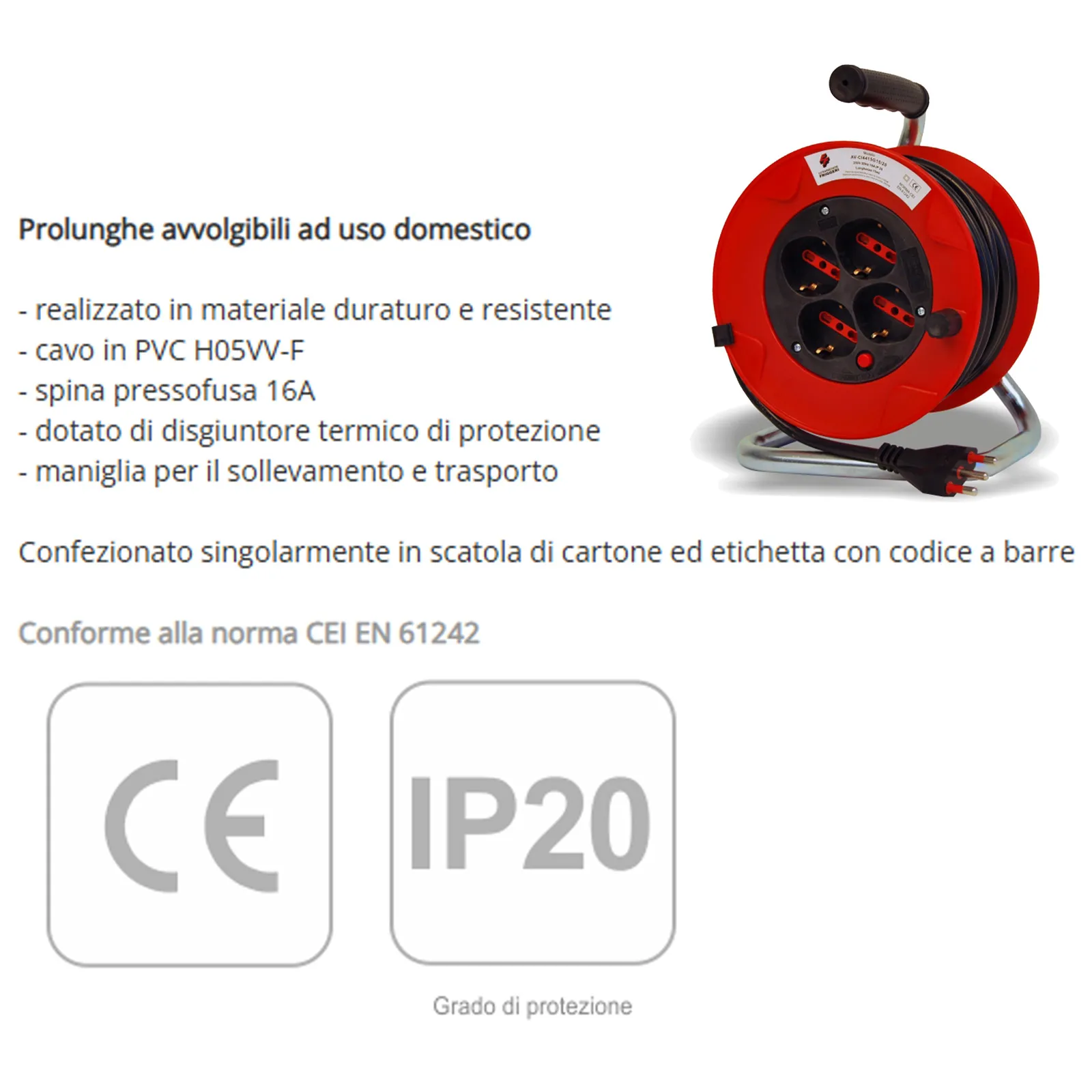 Prolunga Avvolgibile 15 Metri ad Uso Civile FRIGGERI con 4 Prese 10/16A Schuko Protezione IP20 Disgiuntore Termico articolo AV-CI4415G15/20 - immagine 2