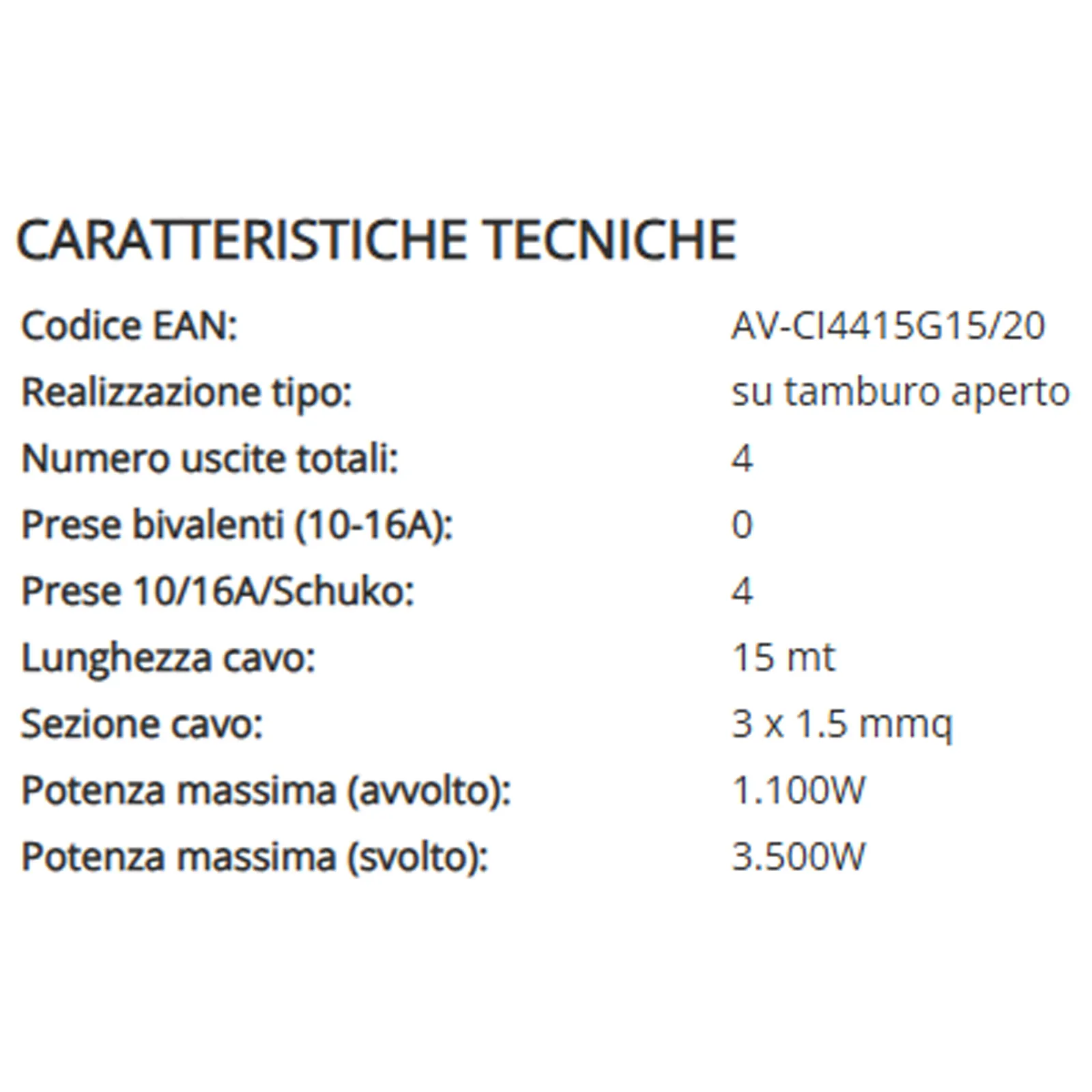 Prolunga Avvolgibile 15 Metri ad Uso Civile FRIGGERI con 4 Prese 10/16A Schuko Protezione IP20 Disgiuntore Termico articolo AV-CI4415G15/20 - immagine 3
