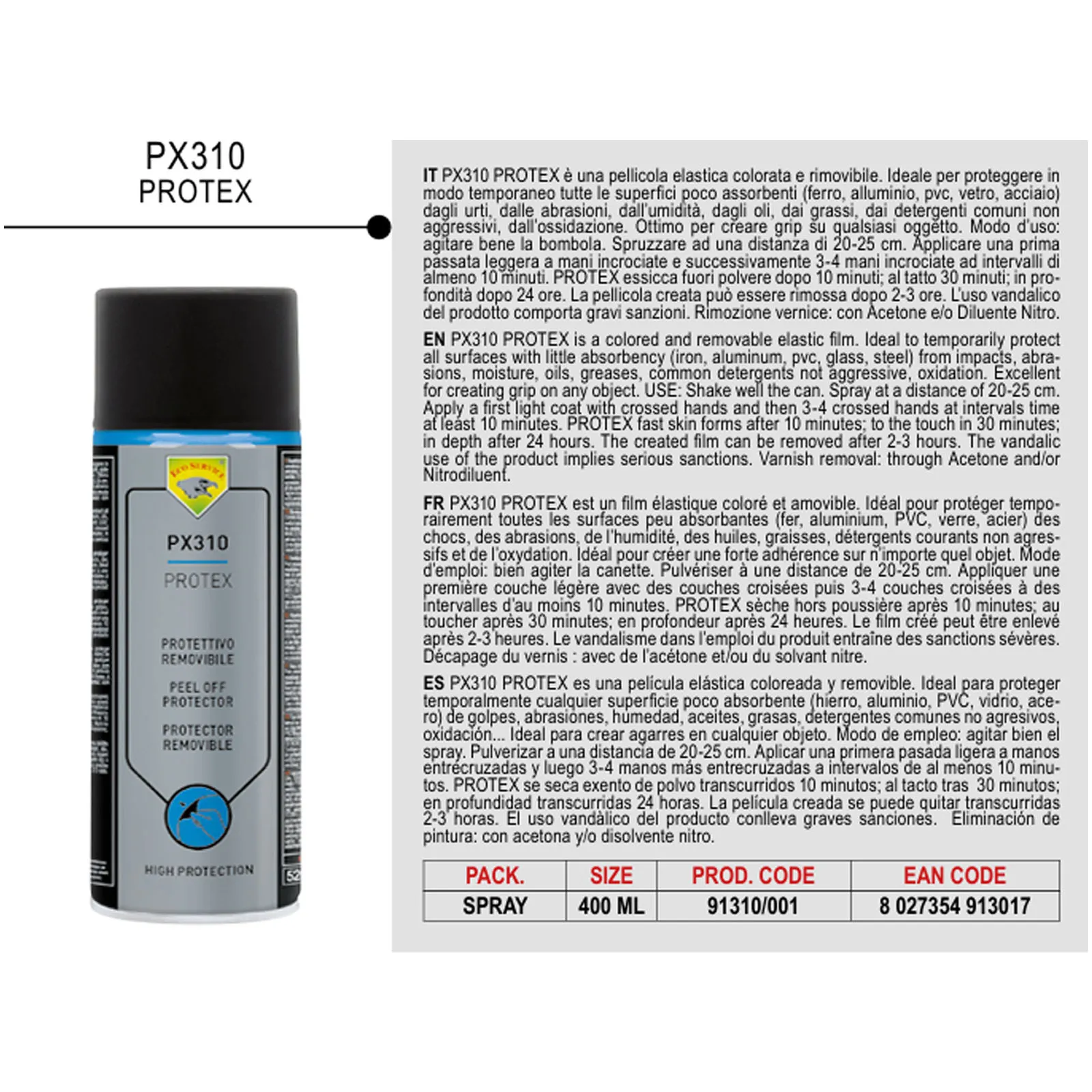 Protettivo Removibile Spray 400ml ECO SERVICE Pellicola Elastica Colorata Temporanea per Superfici PX310 PROTEX - immagine 2