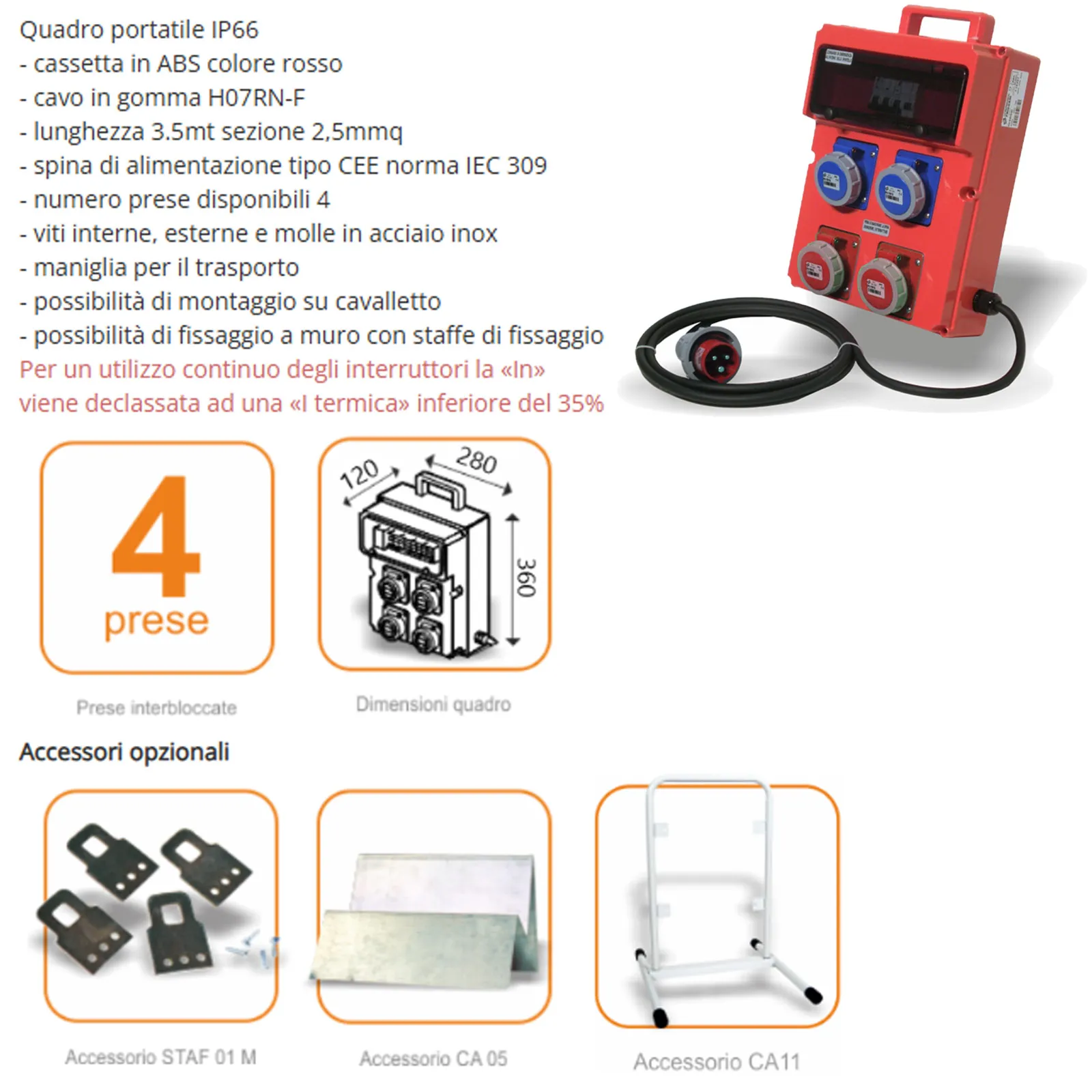 Quadro Elettrico Monofase e Trifase 8kW Portatile da Cantiere FRIGGERI 4 Prese CEE Protezione IP67 Fissaggio a Muro Cavo H07RN-F articolo PO-DS0220 - immagine 2