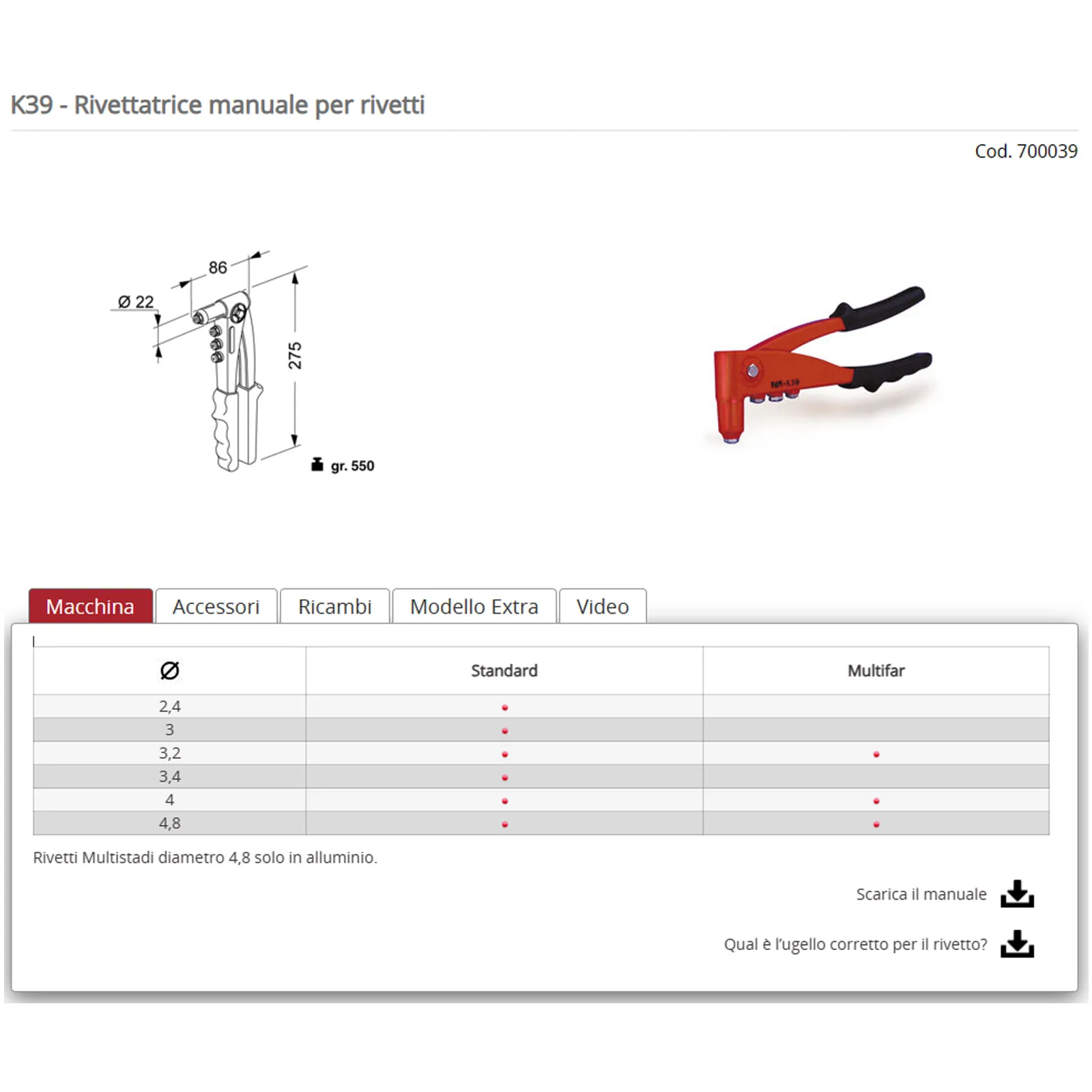 Rivettatrice Manuale Ø 2,4 mm ÷ Ø 4,8 mm FAR per Rivetti Standard e Multifar K39 - immagine 6