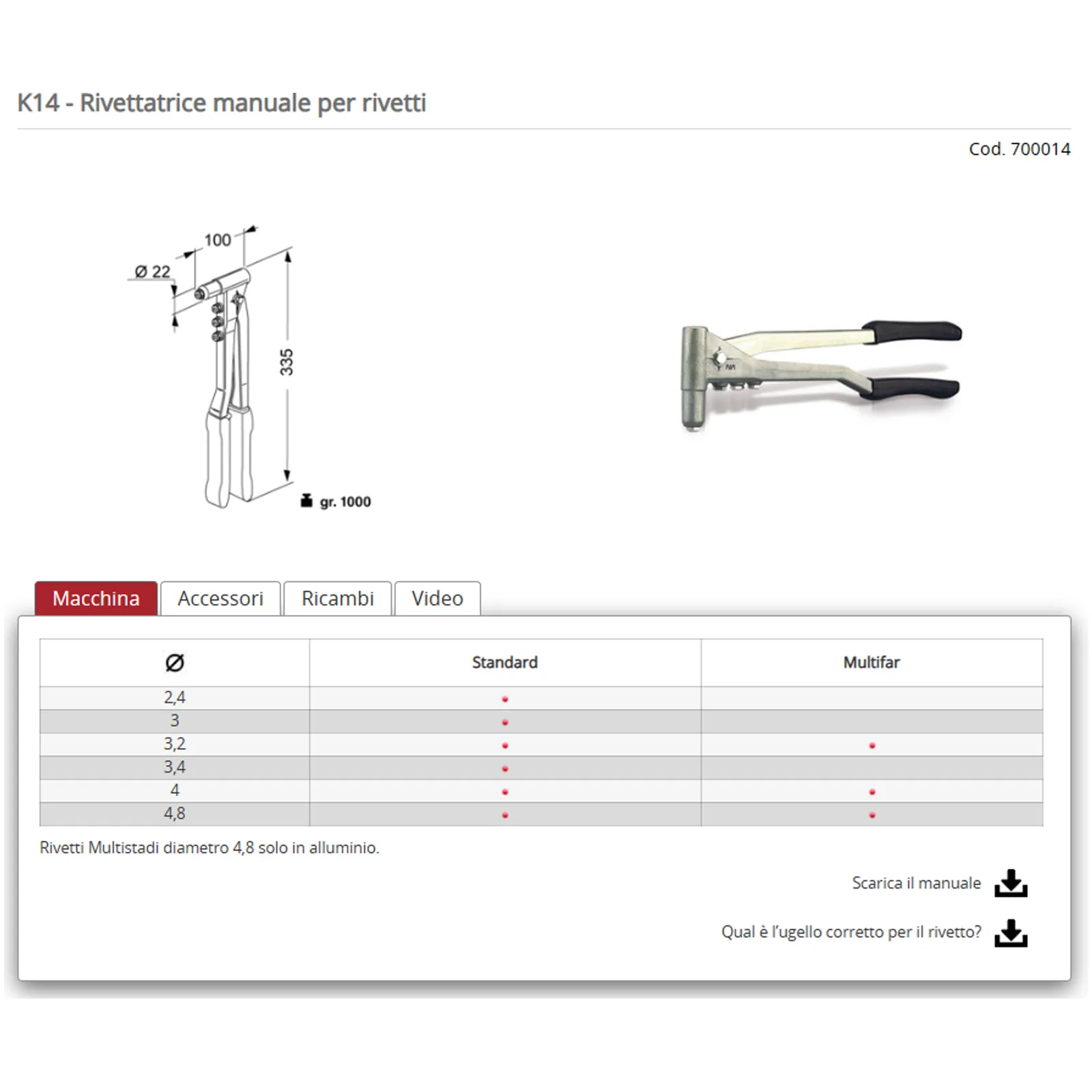 Rivettatrice Manuale FAR per Rivetti Ø 2,4 mm ÷ Ø 4,8 mm Standard e Multifar K14 - immagine 5